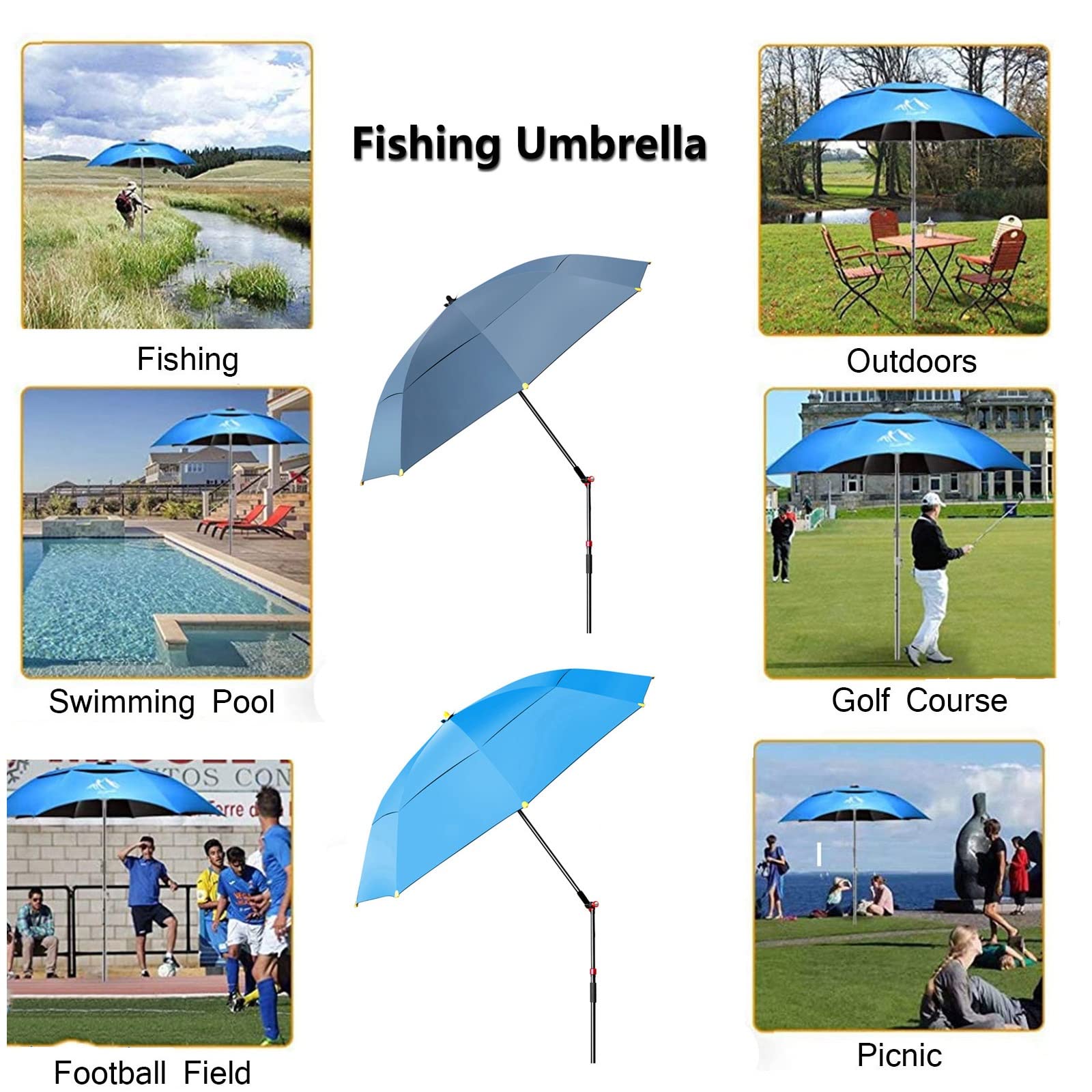 Parasole Parasol Ogrodowy Parasol Wędkarski Parasol Plażowy, Przeciwdeszczowy Z Drążkiem Regulowanym W Zakresie 360°, Wiatroodpornymi Kołkami I Torbą Transportową, Łatwy -Blue-240cm/7.9ft