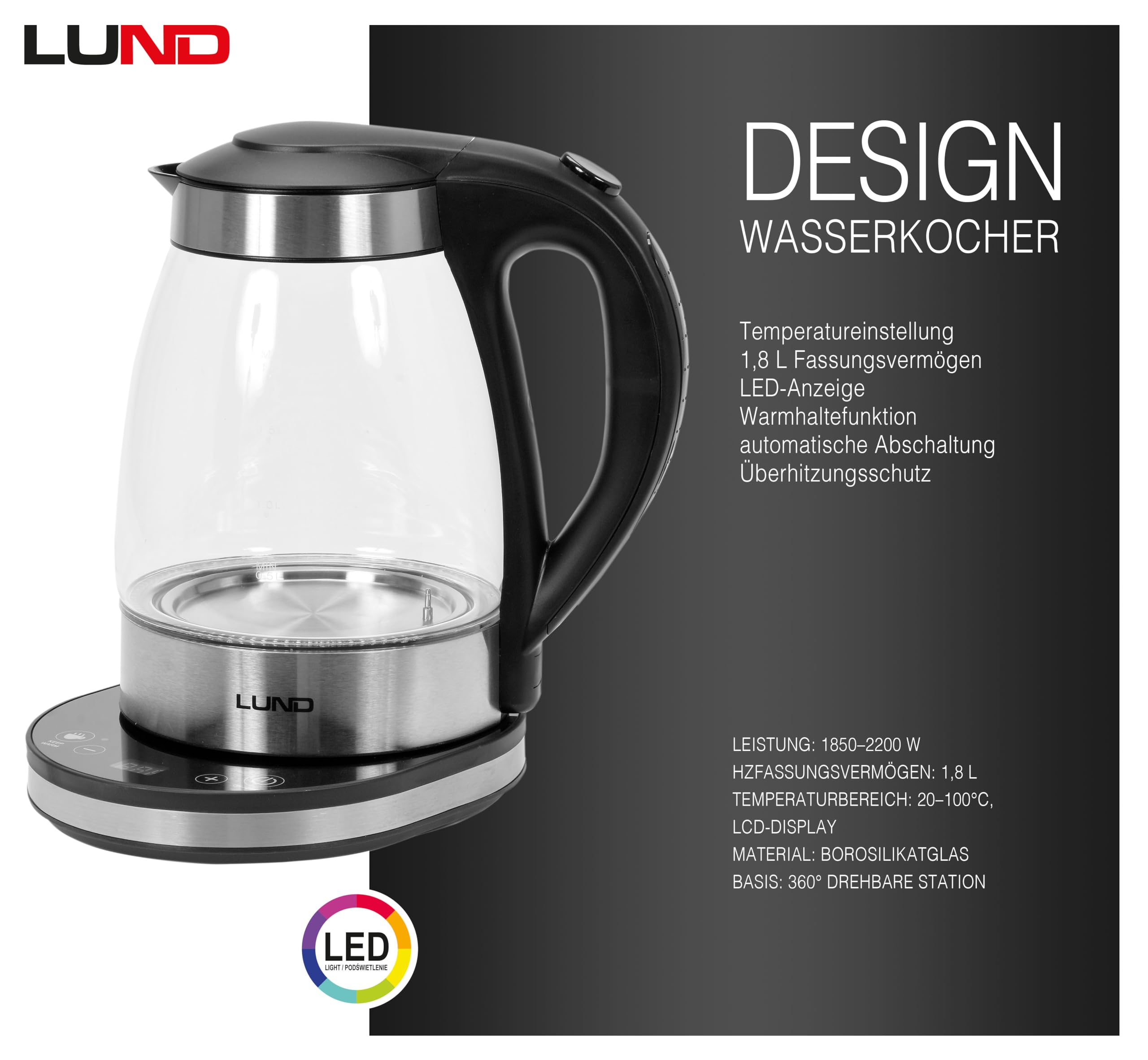 Bollitore in vetro da 1,8 l, con regolazione della temperatura 20-100 °C, 2200 W, anello LED, base a 360°, funzione di mantenimento in caldo