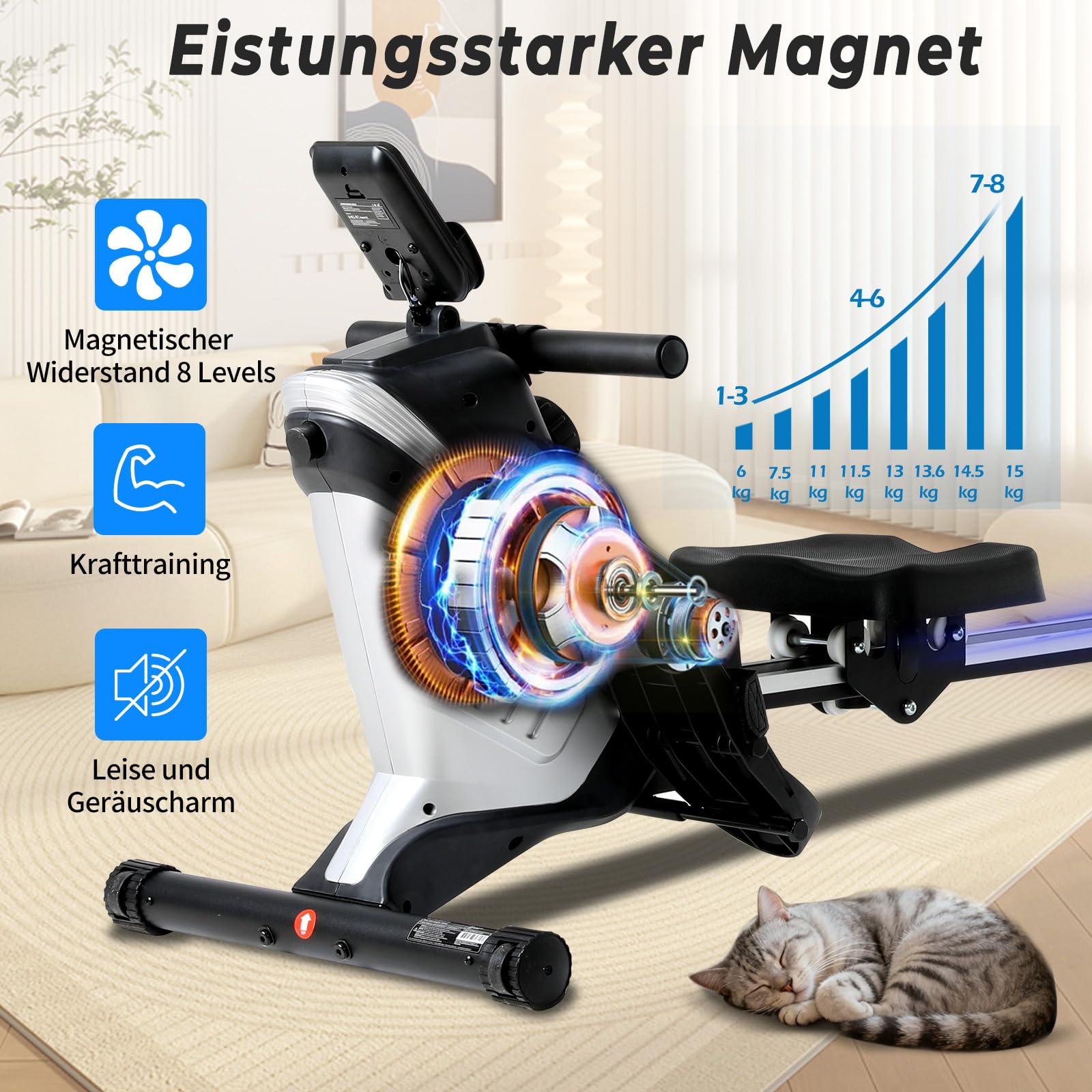 ISE Rudergerät für Zuhause, Magnetisches rudergerät mit APP & LCD-Display & 8 Widerstandsstufen, Magnetisches Rudergerät,Leise Rudermaschine für Cardio-Training,Indoor-Gerät für das Home-Gym