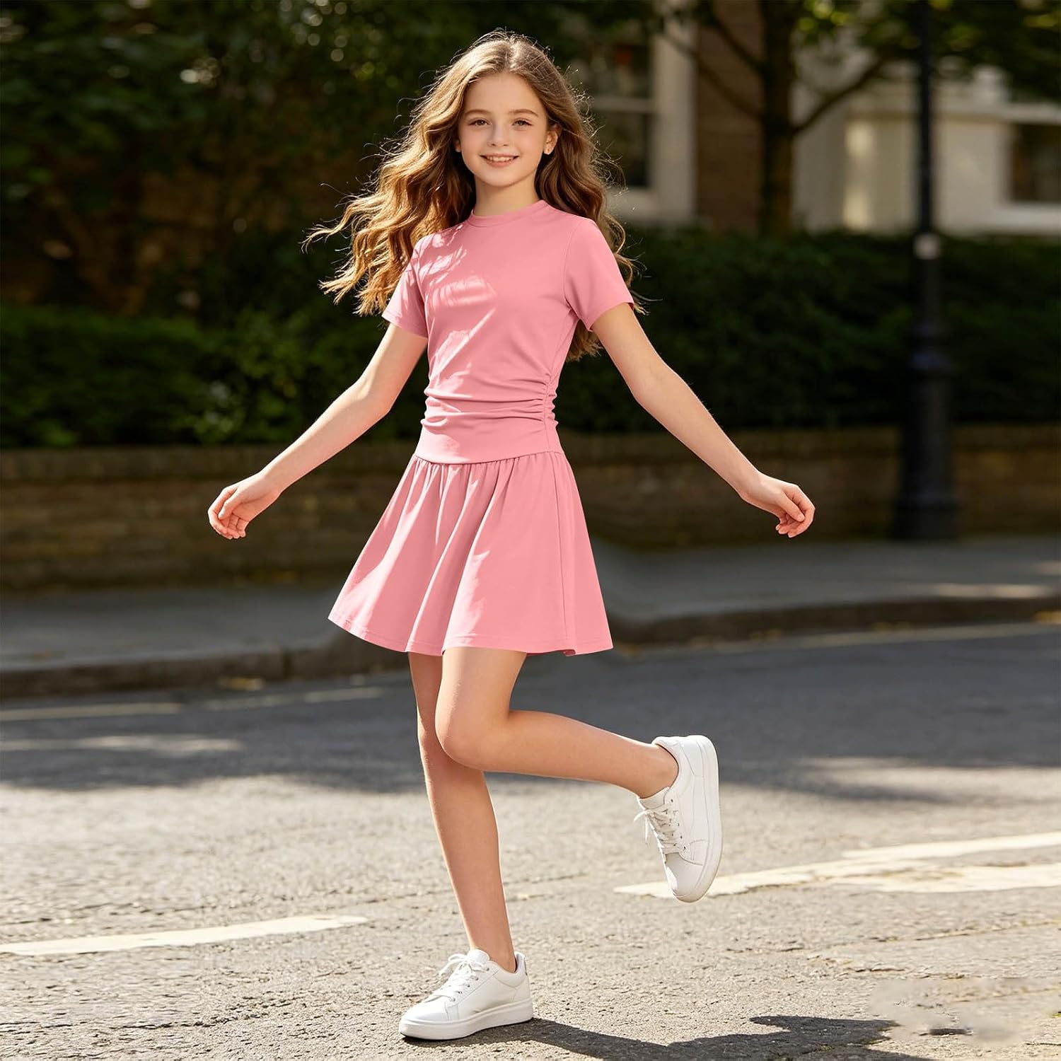 Girl's Summer Short Sleeve Dresses Fitness Pleated Dress Ruched Ruffle Dresses A Line Short Sundress for Daily