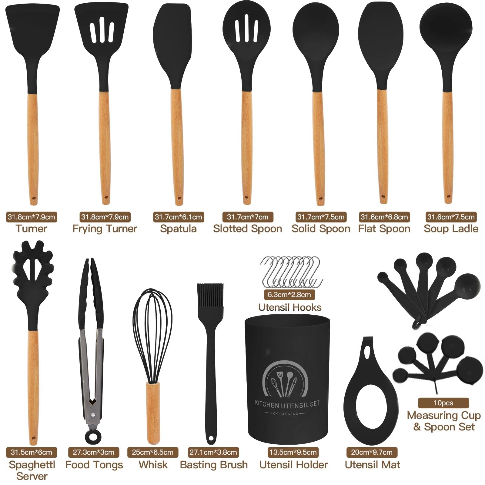 Utensili Cucina Silicone - 33 Pezzi Utensili Da Mestoli Cucina Silicone Con Manico In Legno, Senza Bpa, Resistenti Al Calore E Antiaderenti, Con Supporto E Mestoli, Con Fori Per Appendere, Nero