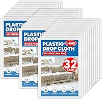 NUITPY 32 Pack 9x12 ft Plastic Drop Cloths - Painter's Sheeting Tarps for Painting, Dustproof Furniture Covers & Floor Protection