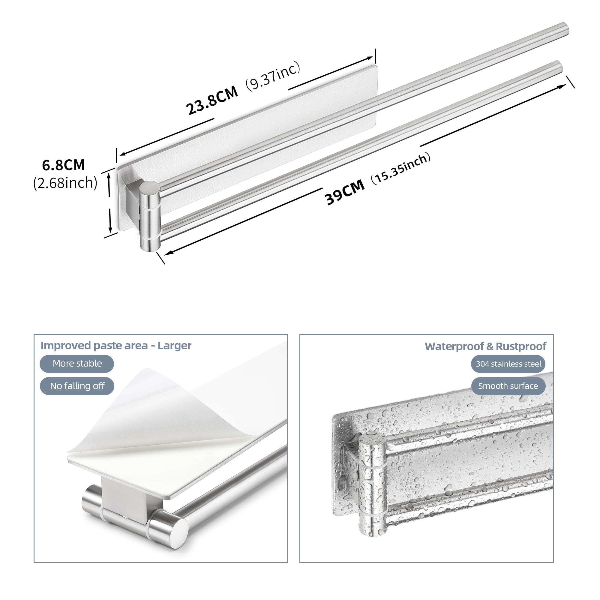 Toallero Sin Taladro Baño Giratorio 180°, 304 Acero Inoxidable Toallero de Baño Adhesivo, Toalleros de Baño Pared Plata