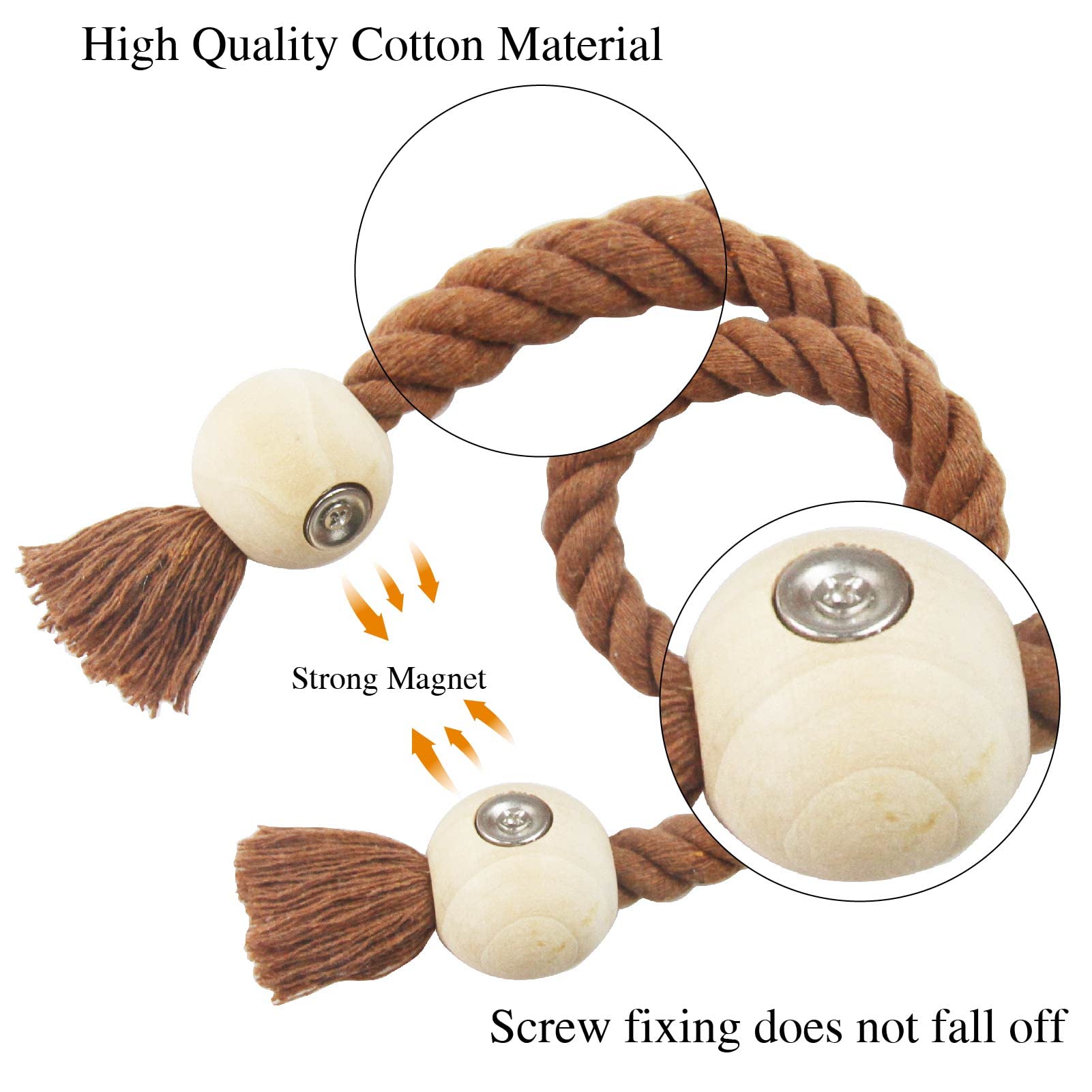 Magnetische Raffhalter aus Baumwolle, handgewebt, dekorative Raffhalter für Vorhänge, mit robuster Holzschnalle, kein Werkzeug erforderlich, Khaki, 6 Stück