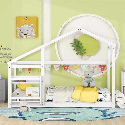 Miniatura 3 de TRIPLE TREE Montessori - Cama individual, cama de madera con estante y listones, marco de cama para niñas y niños, gris