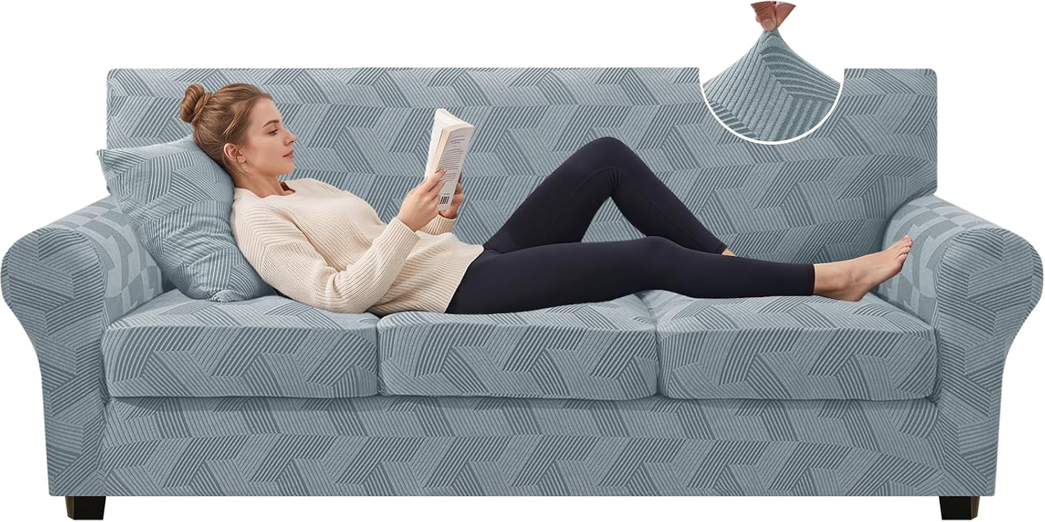 ZNSAYOTX 4 Piece Stretch Couch Covers (72"-90") New-Rectangle Texture, Thick Sofa Covers for 3 Cushion Couch Universal Sofa Slip Cover with Elastic Bottom & Buckle, Washable Protector Army Green