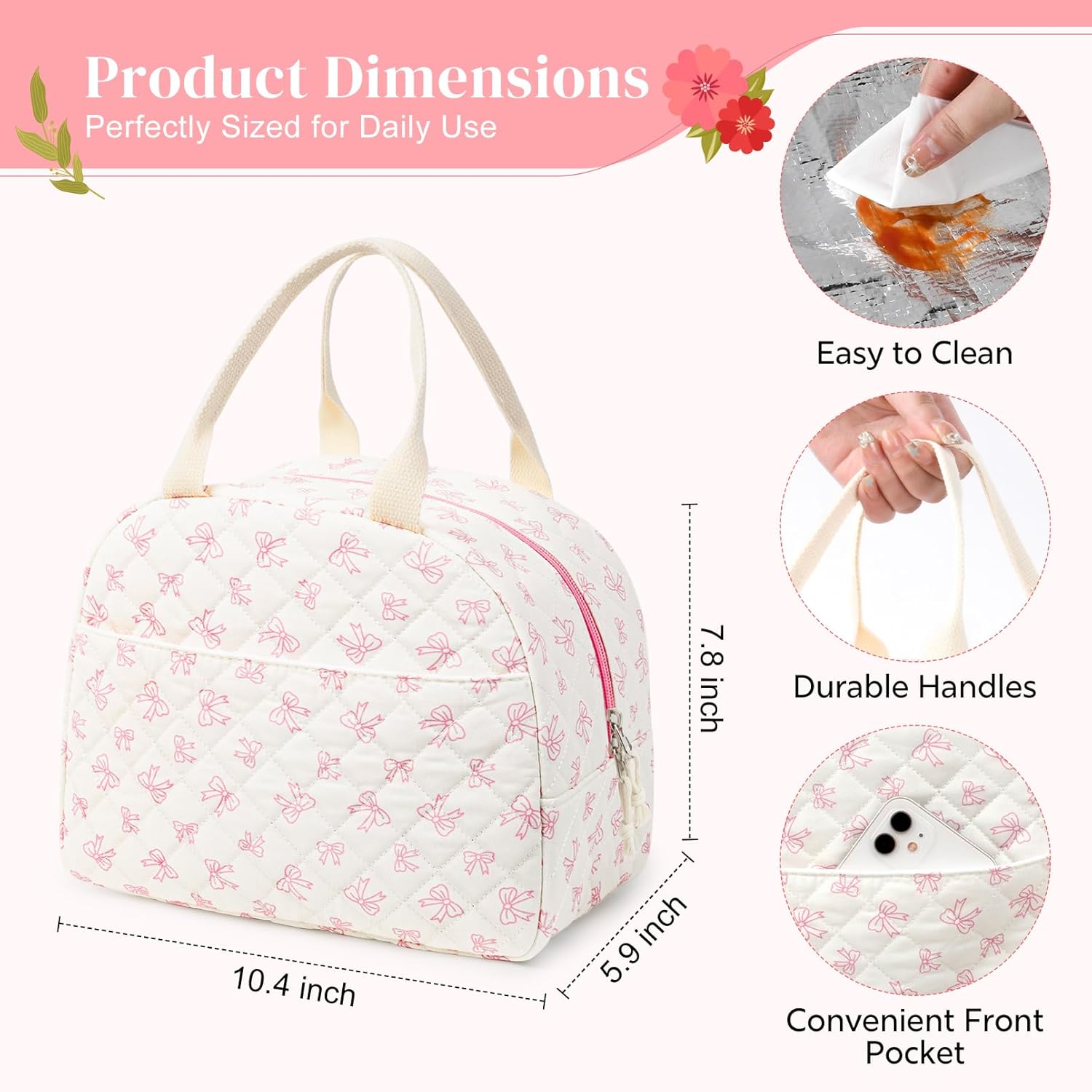 Aileam Lunch Box for Women Quilted Insulated Lunch Bag Tote Cute Reusable Floral Cotton Lunch Box Large Capacity Lunch Bag for Work Picnic Travel Aesthetic Coquette Style - Image 3