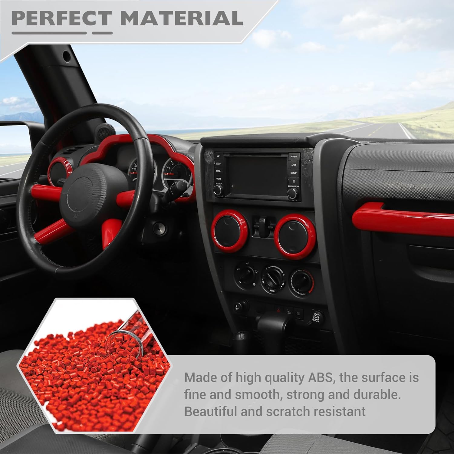 JeCar 10pcs for Jeep Wrangler Interior Trim Kit Red Interior Accessories for 2007-2010 Jeep Wrangler JK JKU Sahara Sport Rubicon & Unlimited