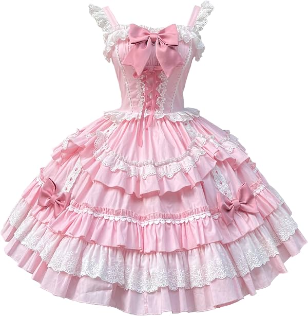 Vestido dulce Lolita rosa con volantes en capas, con ribete de encaje blanco y lazos, disfraz de cosplay