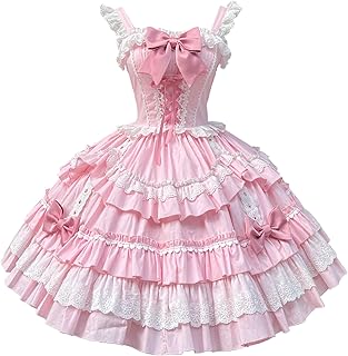 Girls Sweet Lolita Dress Pink Layered Ruffle Dress with White Lace Trim and Bows Cosplay Costumes
