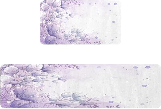 2 Pieces Kitchen Mat Lilac Floral Pattern_Mesa De Trabajo, Non Slip Washable Floor Rug, Absorbent Kitchen Mat Runner Rug for Kitchen, Hallway, Laundry Room