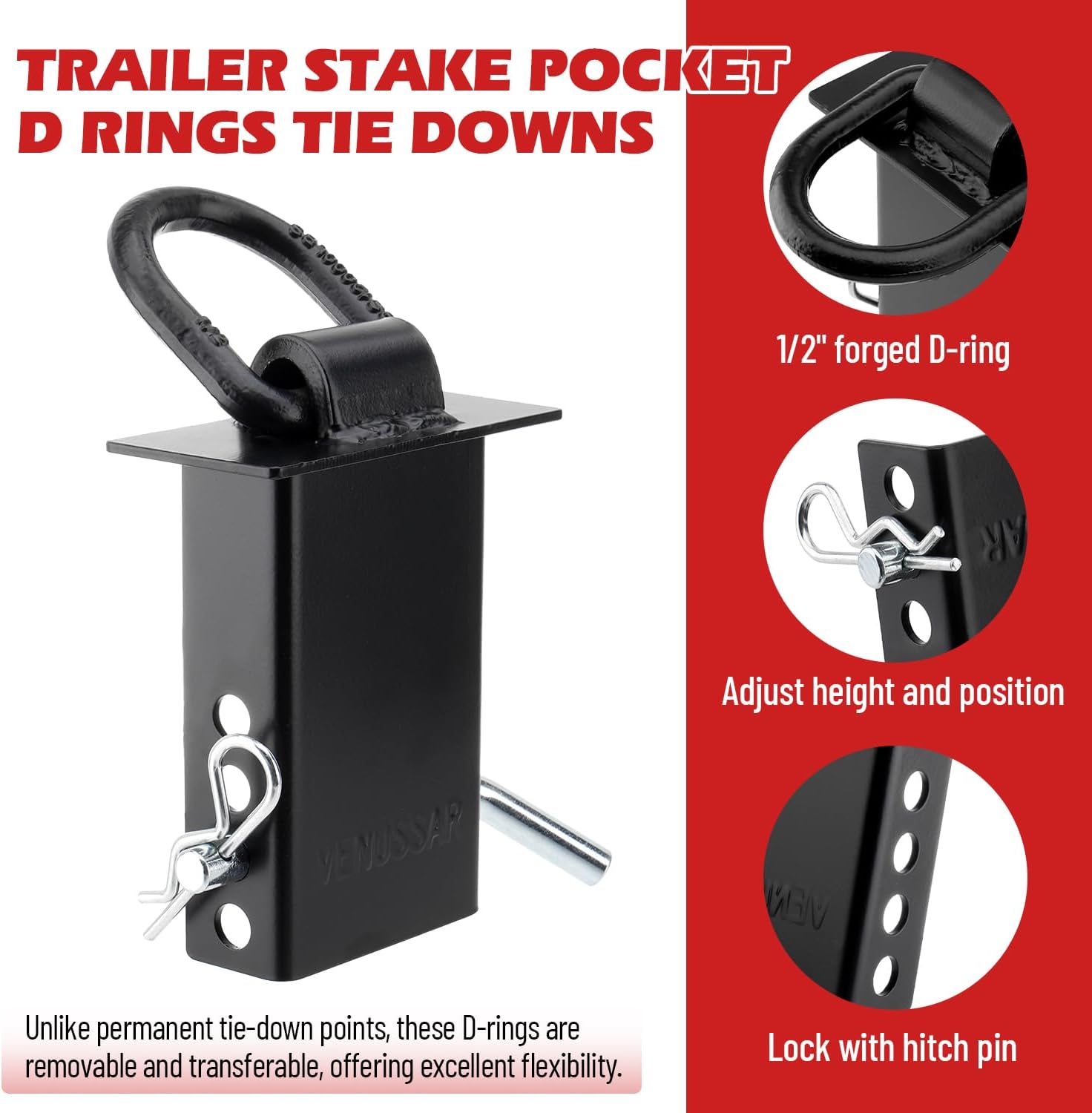 16200lbs Trailer Stake Pocket D Ring Tie Downs, Pack of 6 Stake Pocket D Rings Anchors for Flated Trucks Trailers, 1/2" Hitch Pin, for Standard 2" x 4" Stake Pockets