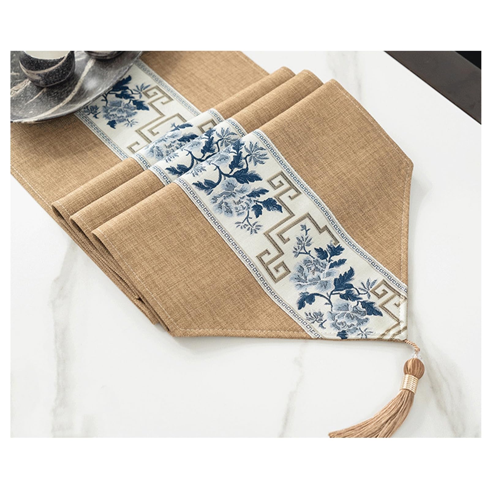 Tischläufer Modern Polyester, Tischläufer Hochzeit 33x240 cm, Orientalisch mit Quasten, Khaki