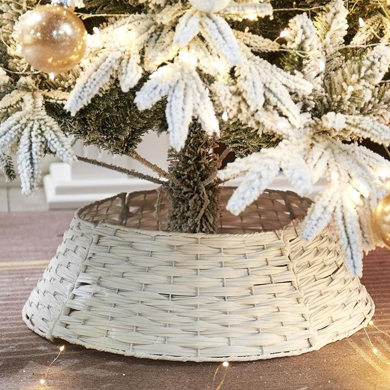 65CM Christmas Tree Skirt, Wicker Christmas Tree Base Trunk Basket Guard Collar, Ideal for Farmhouse Trees 8ft and Below (White)