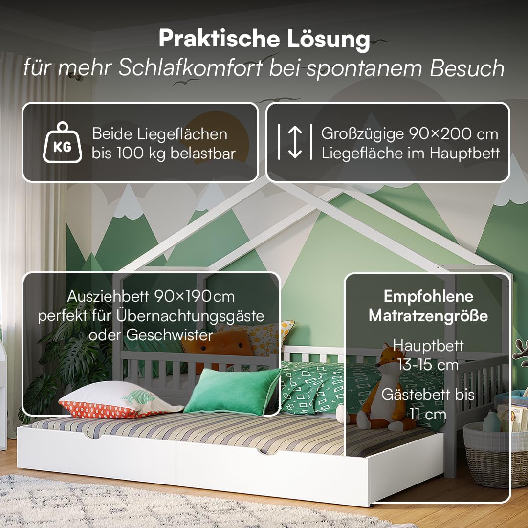 Bellabino Vils Kinderbett 90x200cm, Gästebett & Hausbett, Massivholz Kiefer | Weiß, Kinderbett mit Rausfallschutz & Lattenrost, Montessori-Bett, massives Kieferholz, Bett für Jungen & Mädchen, Bettrahmen