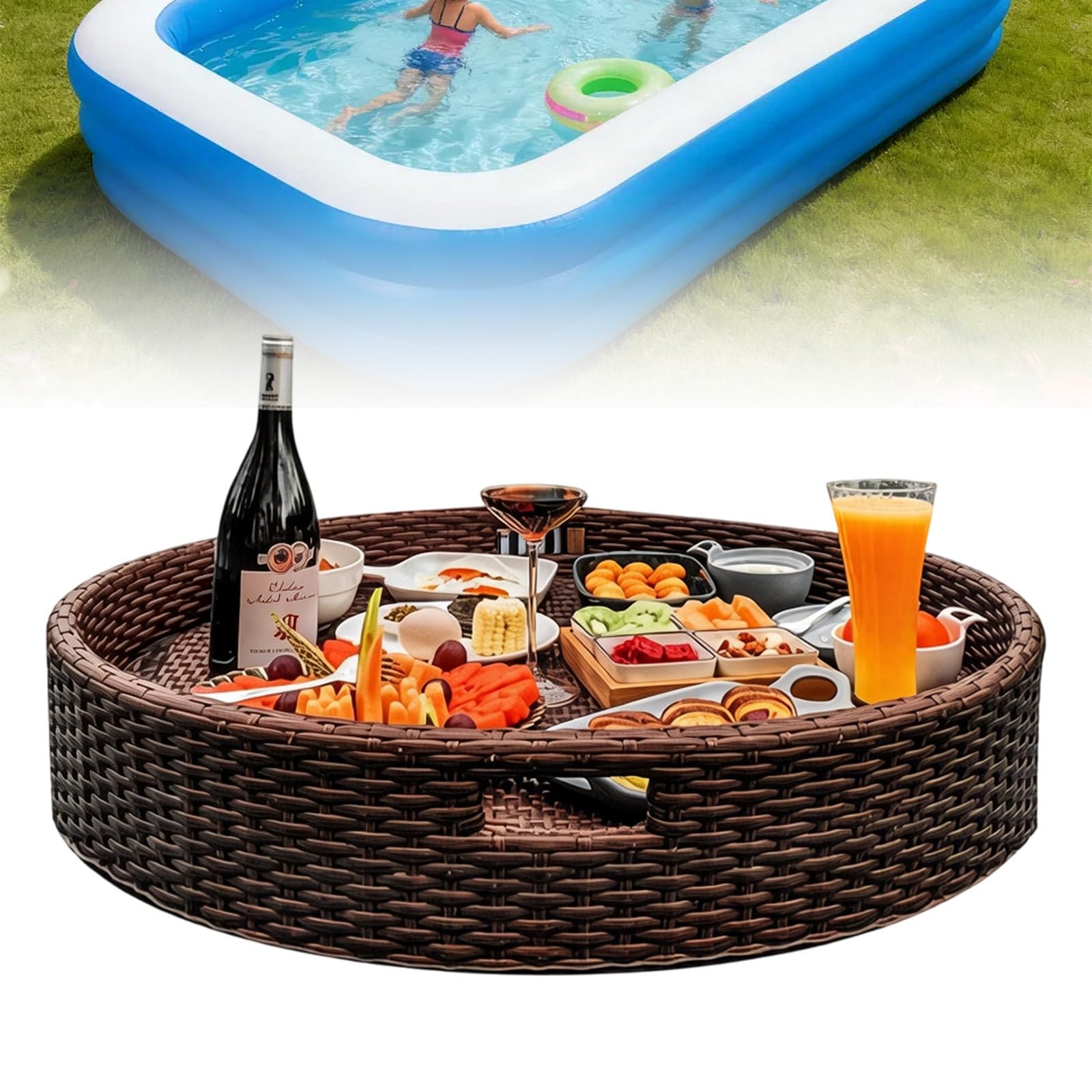 DzkZen Floating Tray for Pool,Round Rattan Woven Floating Serving Tray - Stylish & Functional Tray for Pool Serving Drinks and Brunch Moments Brown-60cm