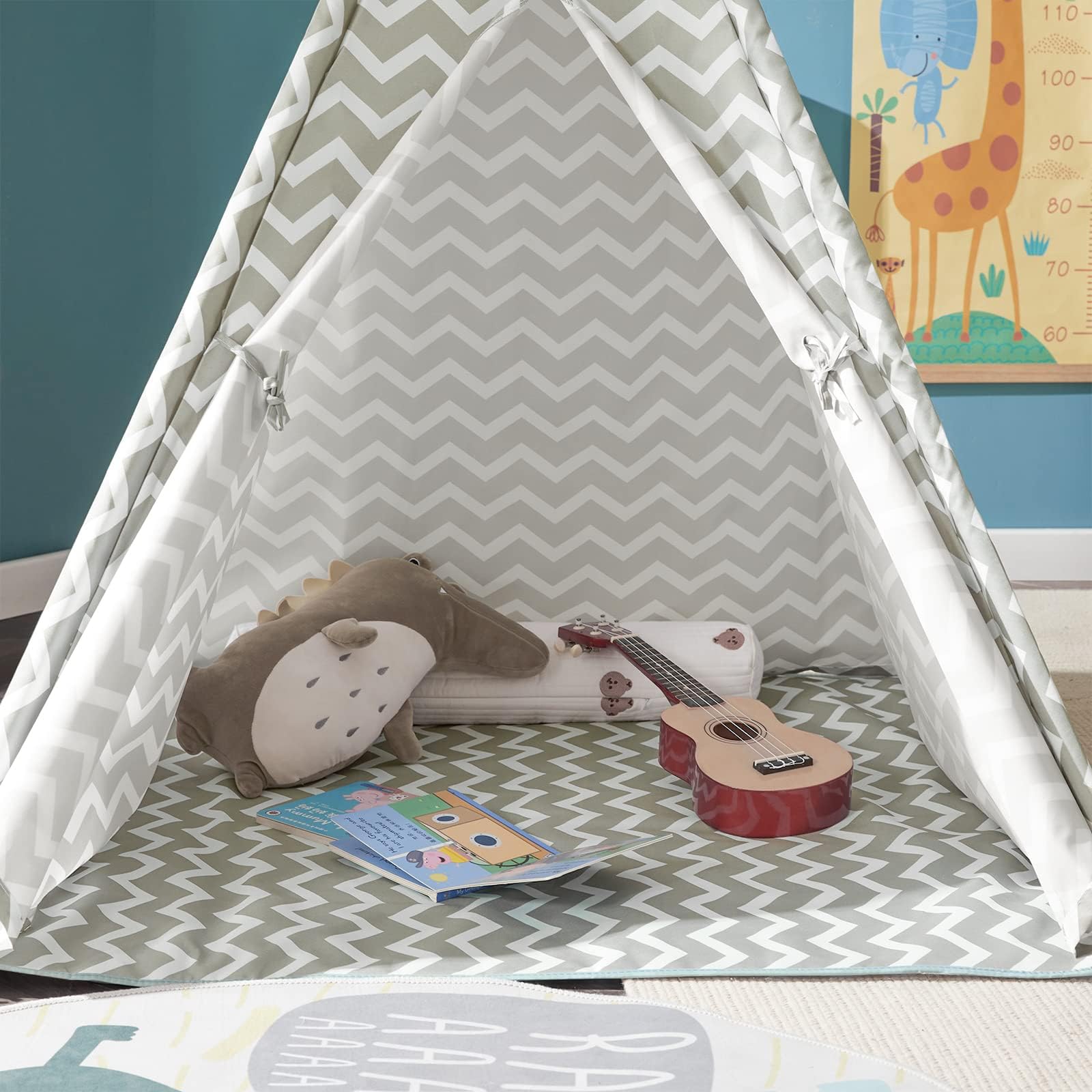 SoBuy Tenda Tipi Bambini 109x109x165cm Cameretta | casetta gioco con tappetino, finestra e tenda apribile, struttura in pino OSS03