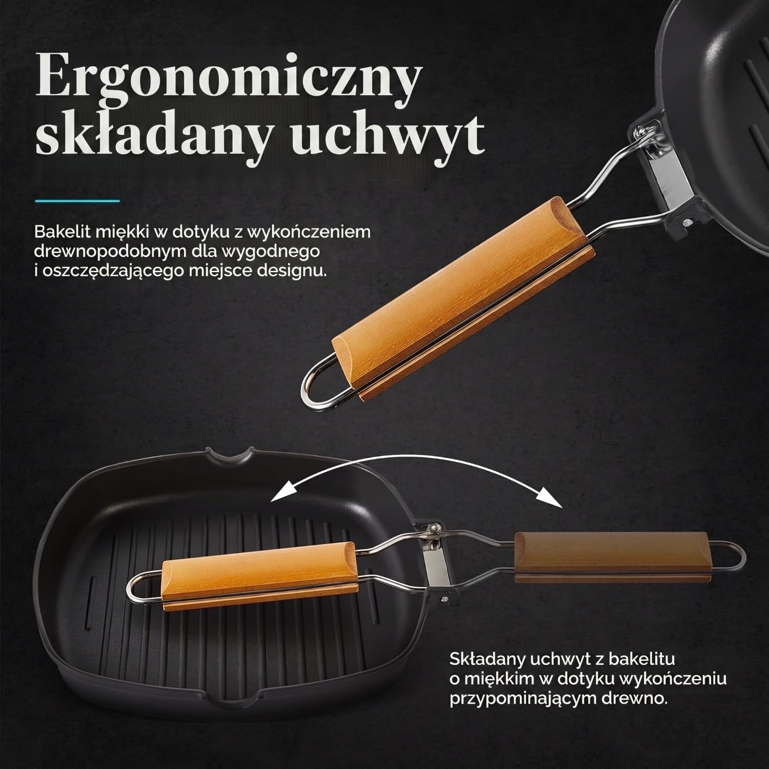 WECOOK! Ecochef tytanowa patelnia do grilla indukcyjna, falista 28 x 28 cm, powłoka nieprzywierająca, Quantanium Ekologiczna PFOA, odlew aluminiowy, grubość 5 mm, składany drewniany uchwyt, ceramika