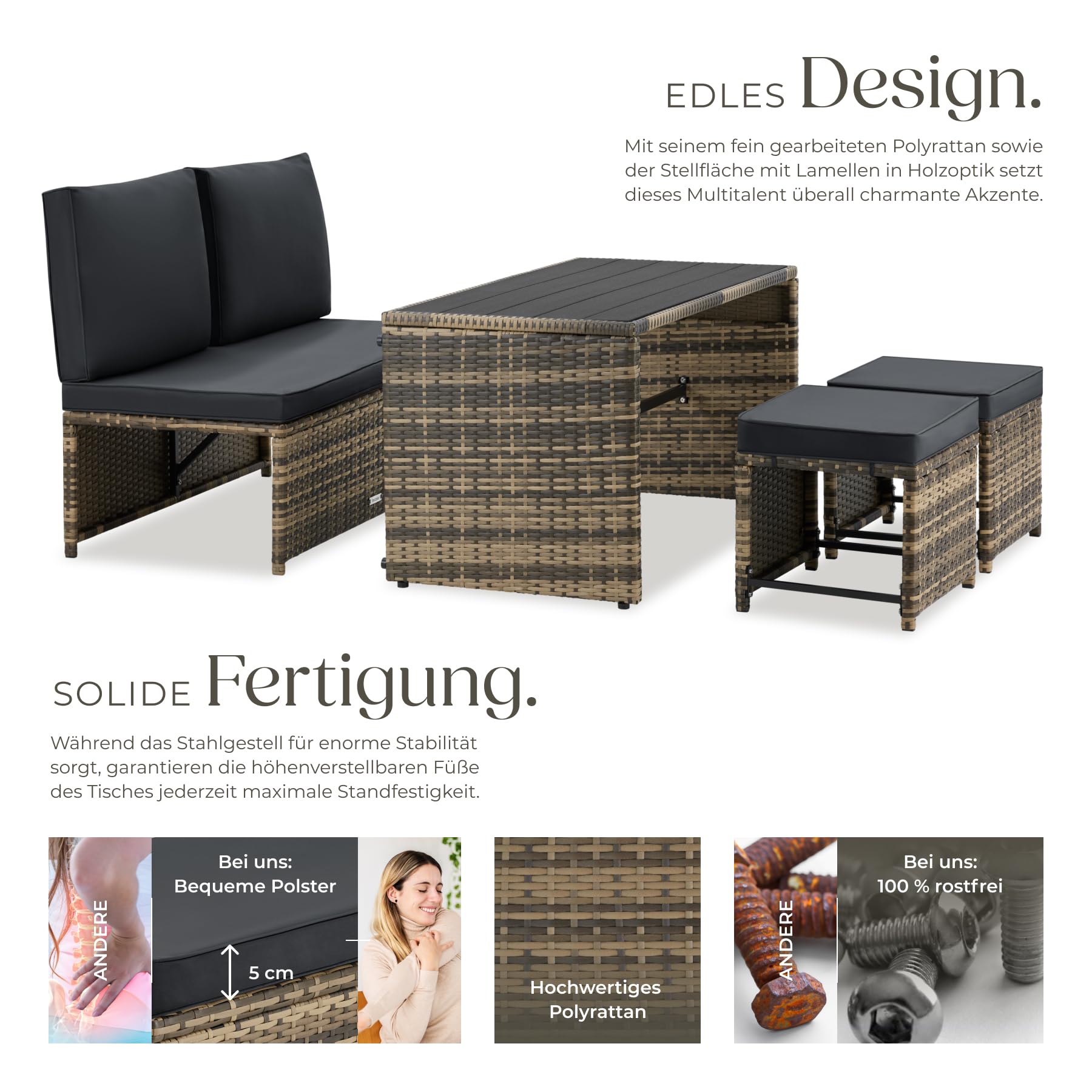 tectake® 2in1 Rattanlounge für 4 Personen, Set mit Tisch mit Schraubfüßen, Tischoberfläche in Holzoptik, Polyrattan Gartenmöbel, als Gartensofa oder Sitzgruppe, Terrassenmöbel, Outdoor Lounge – Natur