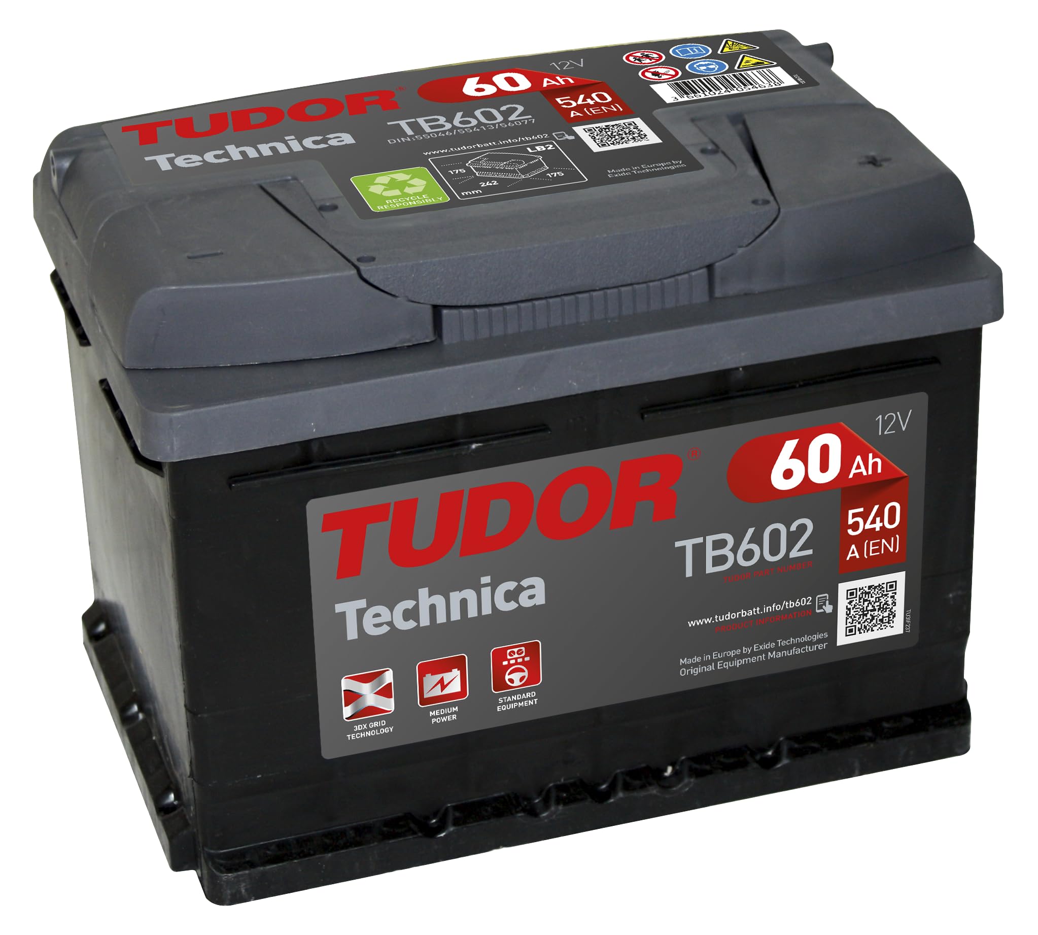 TUDOR Batería 60, Ah 540, A/EN TB602 L 242mm B 175mm H 175mm Compatible con FORD Fiesta Mk6 Hatchback CB1, CCN, JA8, JR8 MONDEO IV Turnier BA7, OPEL Corsa D Hatchback S07 Insignia A Sports Tourer G09