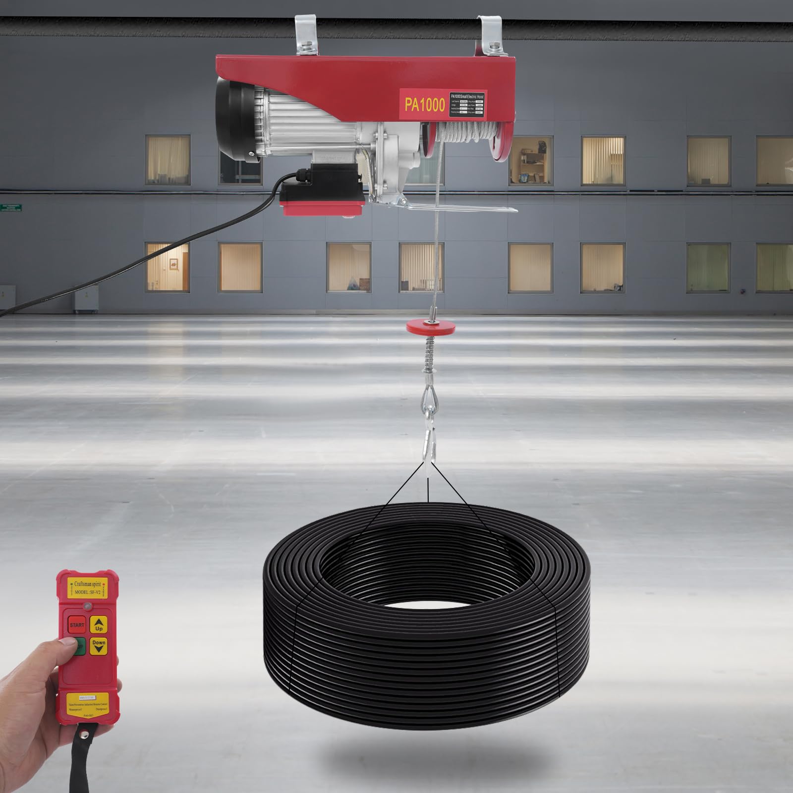 Elektrische Seilwinde 1000kg 1-/2-Seil-Modus, Hub 6/12m | Stahlseil-Zugseil, für Werkstatt, Lager, Baustelle. Inkl. 2 Hebebänder & Fernbedienung