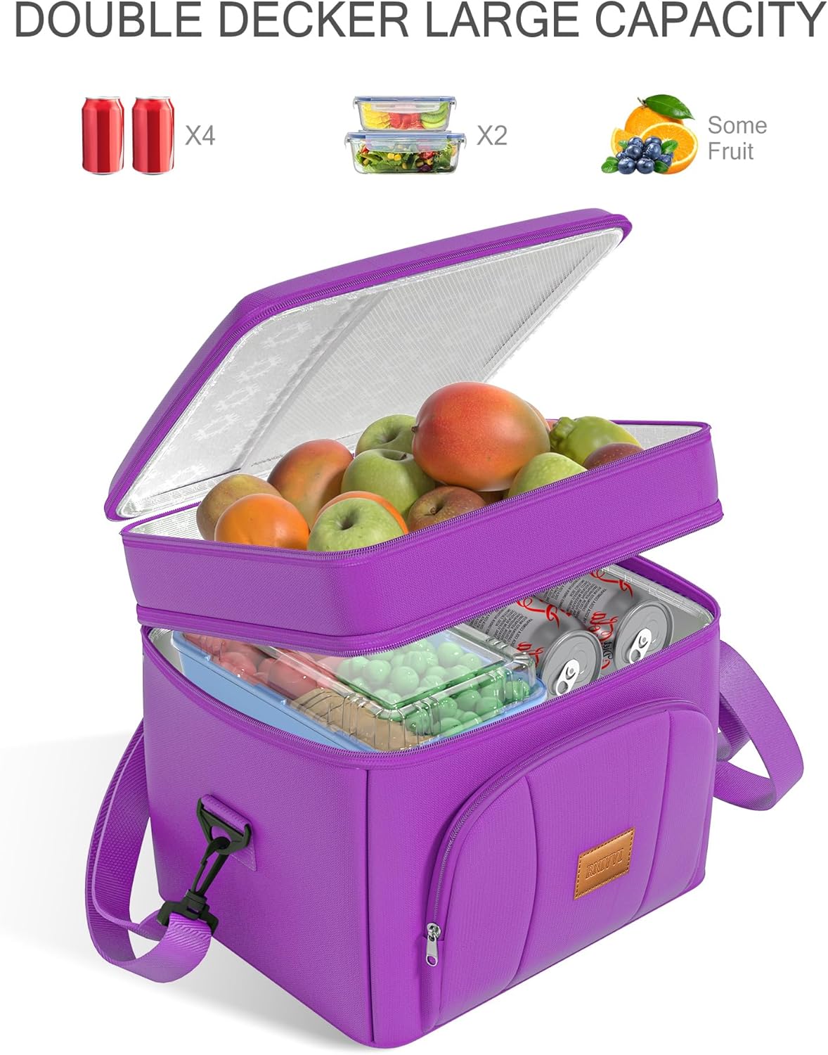 Rnivvi Lunch Box for Women, Double Decker Insulated Cooler Bag Lunch Bag Reusable Leakproof Tote Lunch Container with Strap for Work Family Picnic Hiking Camping, 18 Cans 12L, Large Adults, Purple