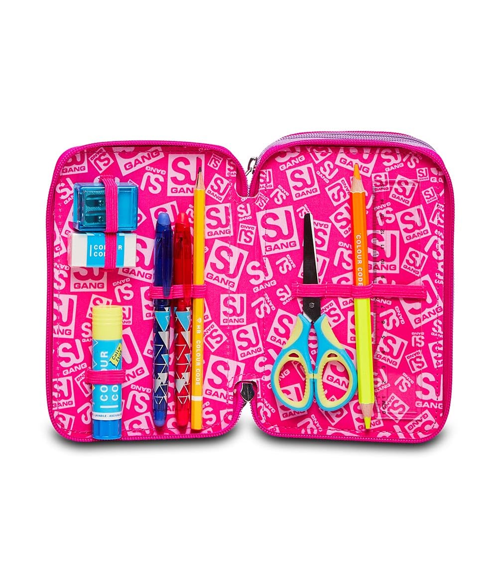 SJ GANG STYLE JAM GANG, Astuccio Scuola 3 Zip, HEART LOLLY, Rosa, Triplo scomparto, 45 pezzi, Attrezzato con Matite, Pennarelli e altro, Portapenne Scuola Bambina