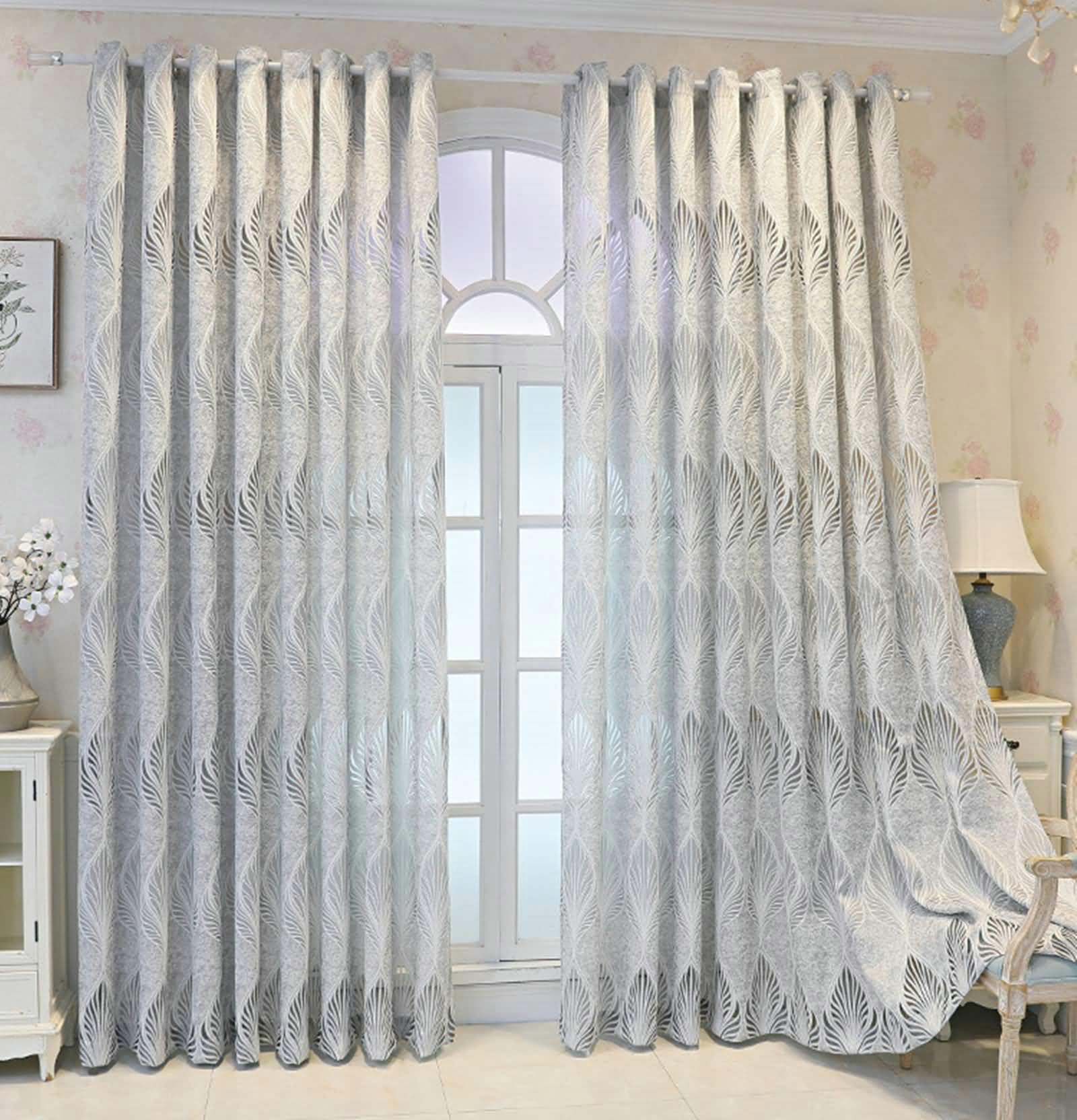 Vorhänge Durchsichtig Fenster, Vorhänge Einfach Blättermuster Vorhänge Wohnzimmer 2er Set H 115 x B 132 cm, Grau
