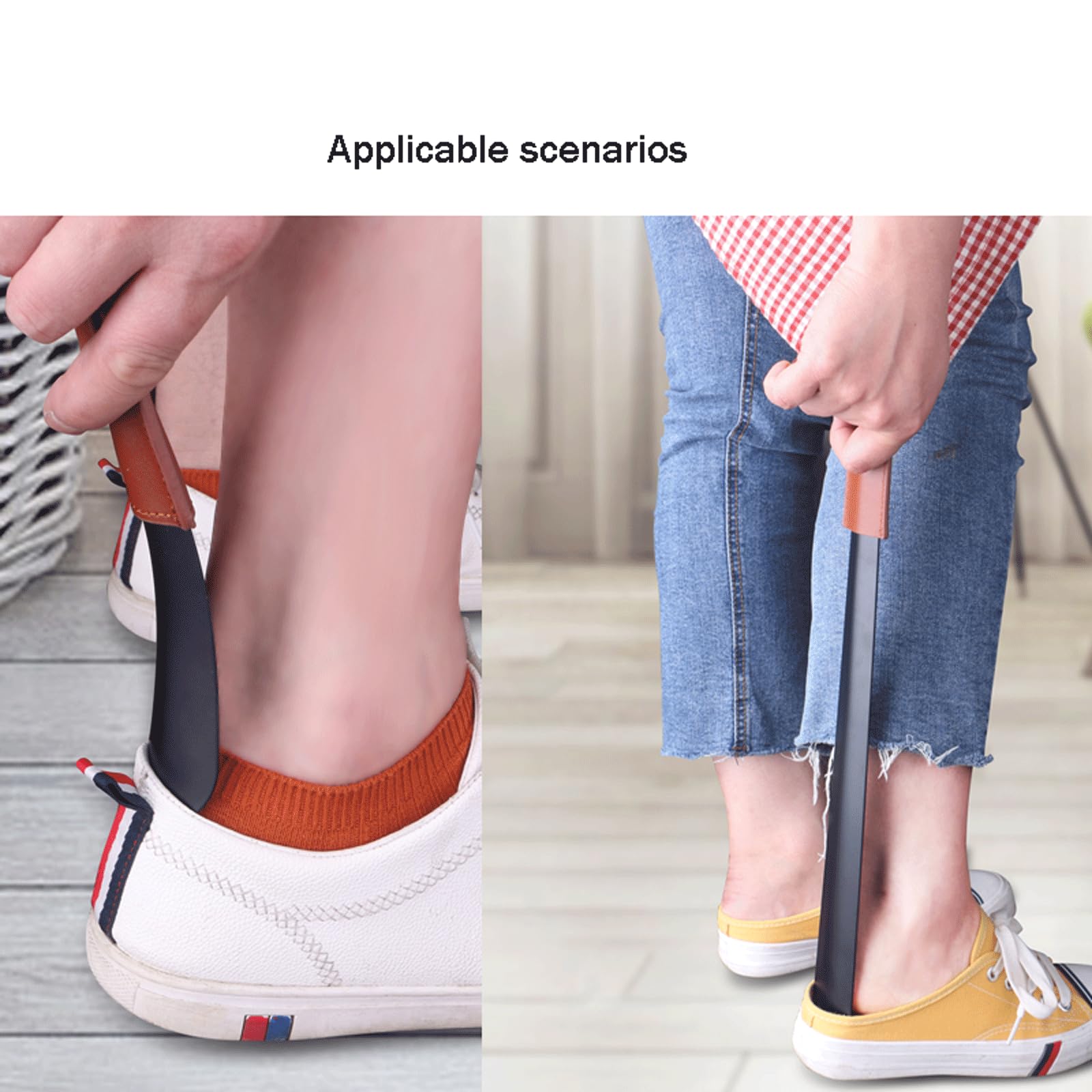 Calzador de acero inoxidable – Paquete de 2 calzadores portátiles de viaje con mango de cuero – Calzador largo de metal para hombres, mujeres y niños