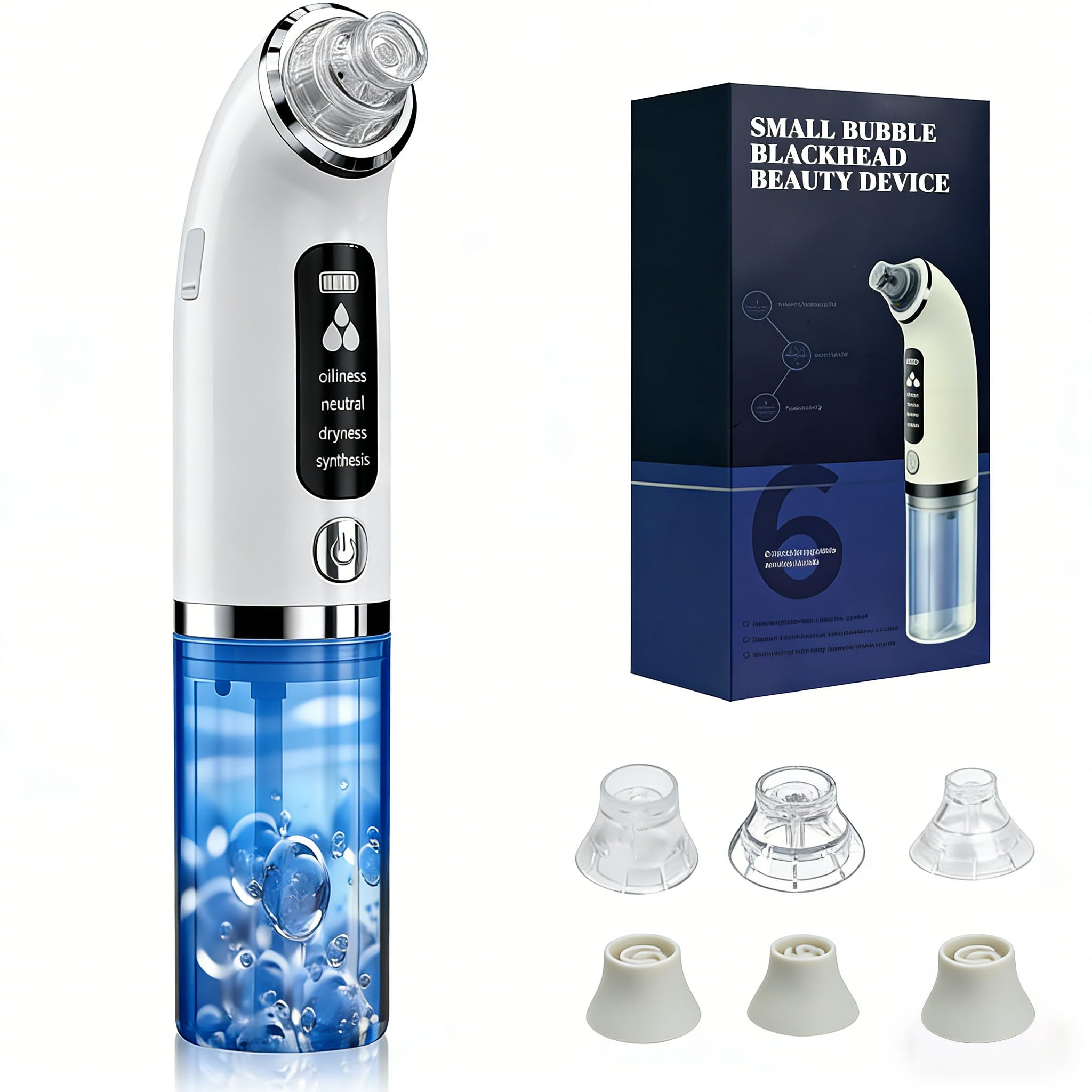 Aspirateur Pour Points Noirs, Extracteur Points Noirs Visage pour le Nettoyage du Visage, Traitement de l'acné et Soins de la Peau, 4 Modes, 6 Sondes et Réservoir d'eau Visible, Rechargeable-Blanc