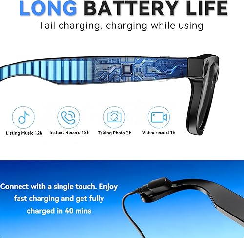 Miniatura 9 de Lentes inteligentes AI con cámara, gafas de cámara HD de 8 MP para hombres, mujeres, gafas de grabación AI con asistente de voz, audio de oído Negro