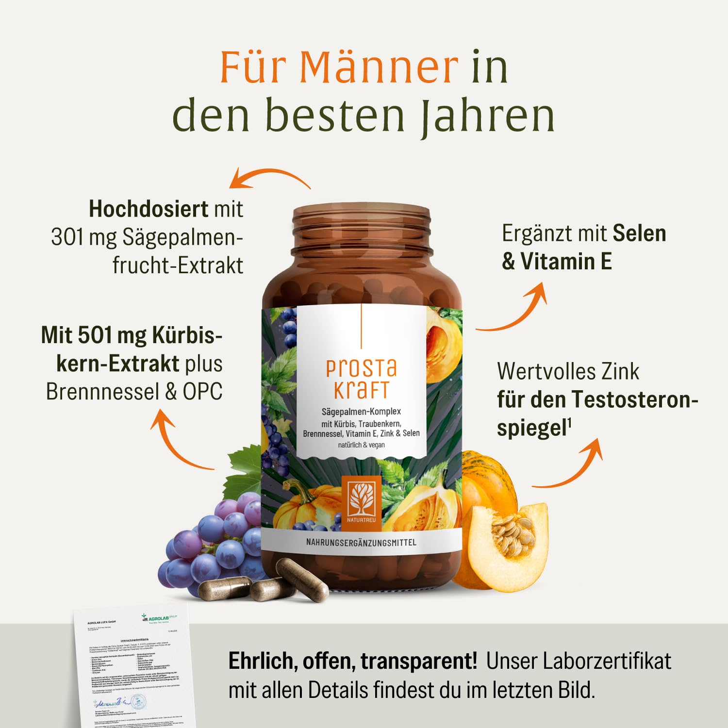 NATURTREU® Sägepalmen Komplex - 120 vegane Kapseln hochdosiert mit Sägepalmenextrakt (301 mg), Brennnessel, Kürbiskern mit Vitamin E, Zink, Selen - 2 Monatsvorrat