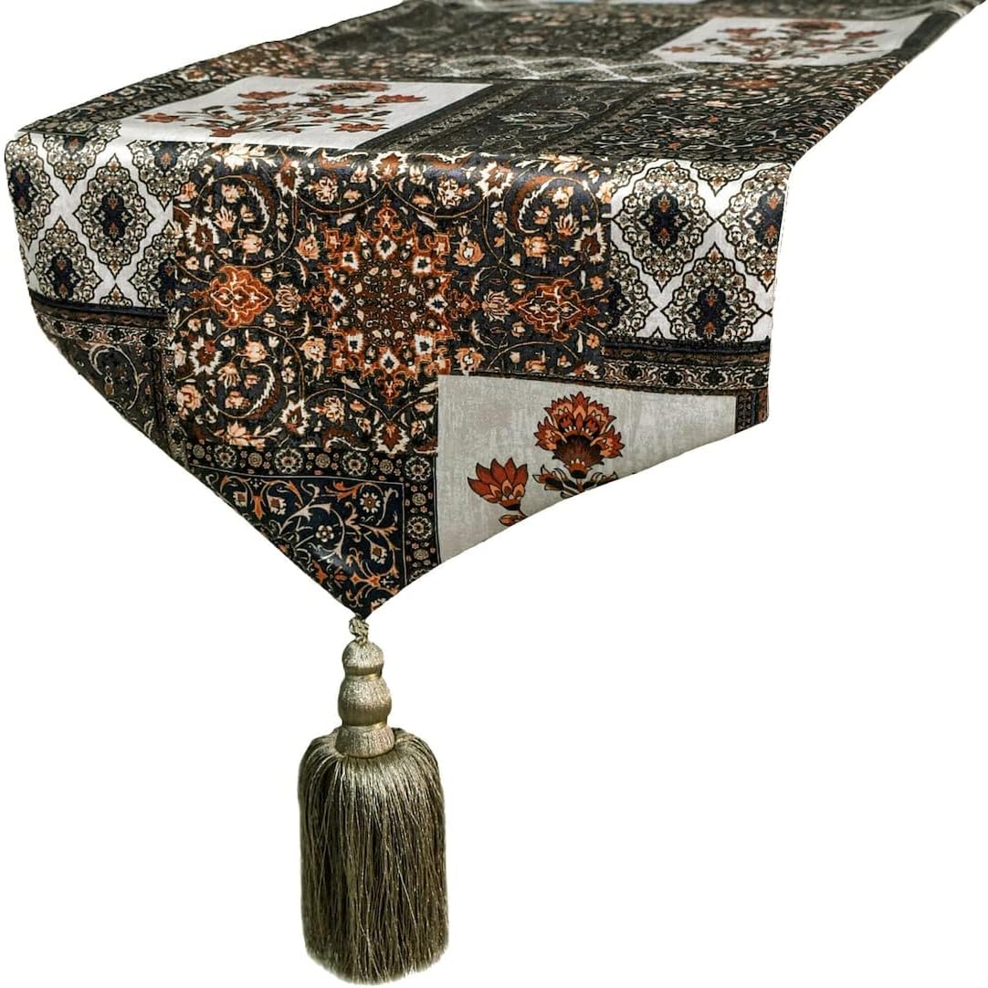 The HomeCentric Decorative Brown Table Runner 5 Seater Table Runner (14 x 48 inch), Floral, Tassels & Satin Fabric Table Linen, Floral Pattern Contemporary Style - Niloufar