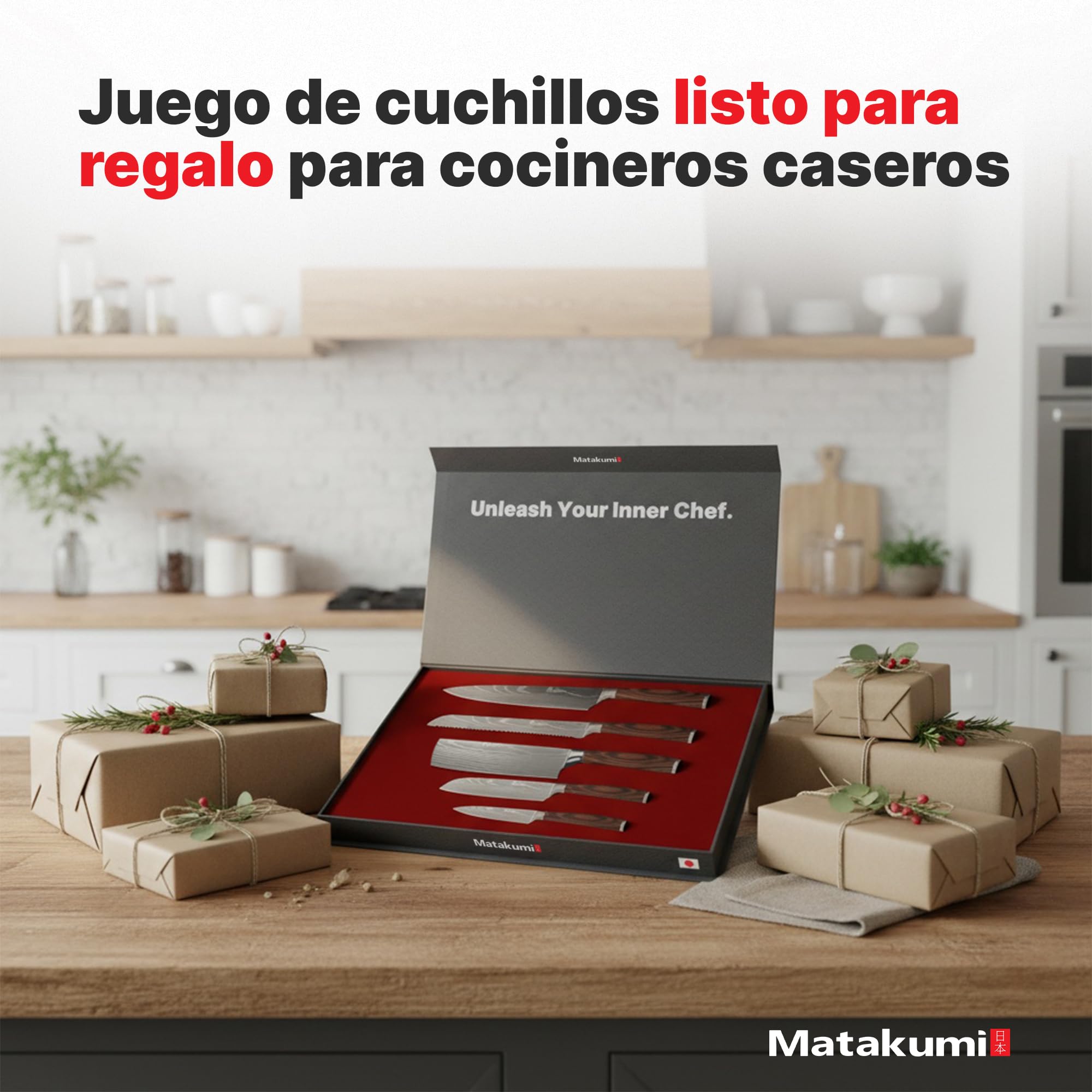 Matakumi juego de cuchillos de cocina con diseño damasco grabado, hojas afiladas de acero al carbono con mangos ergonómicos para uso duradero, juego de 5 piezas set de cuchillos de cocina profesional