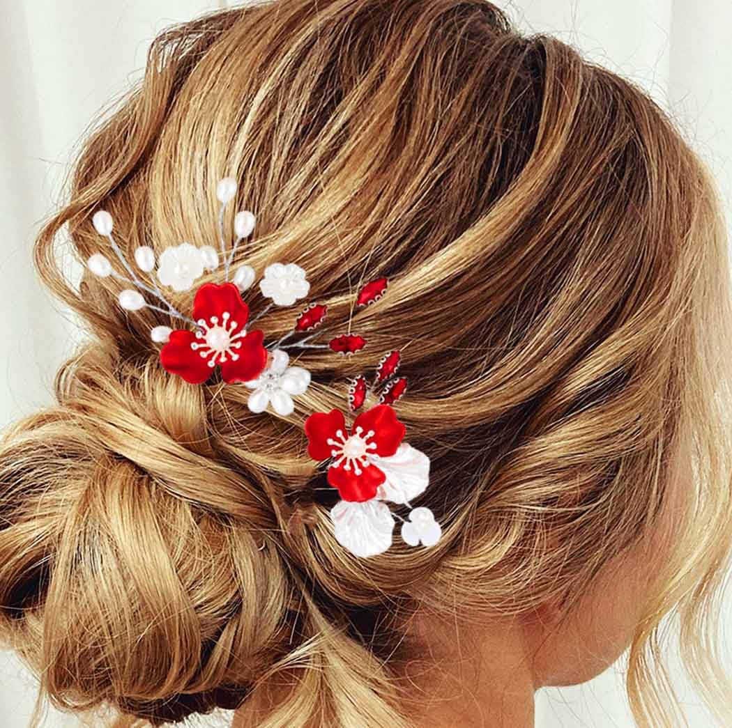 Flower Wedding Hair Clips Red Hair Pins Bridal Hair Accessories for Women and Girls (Pack of 2)