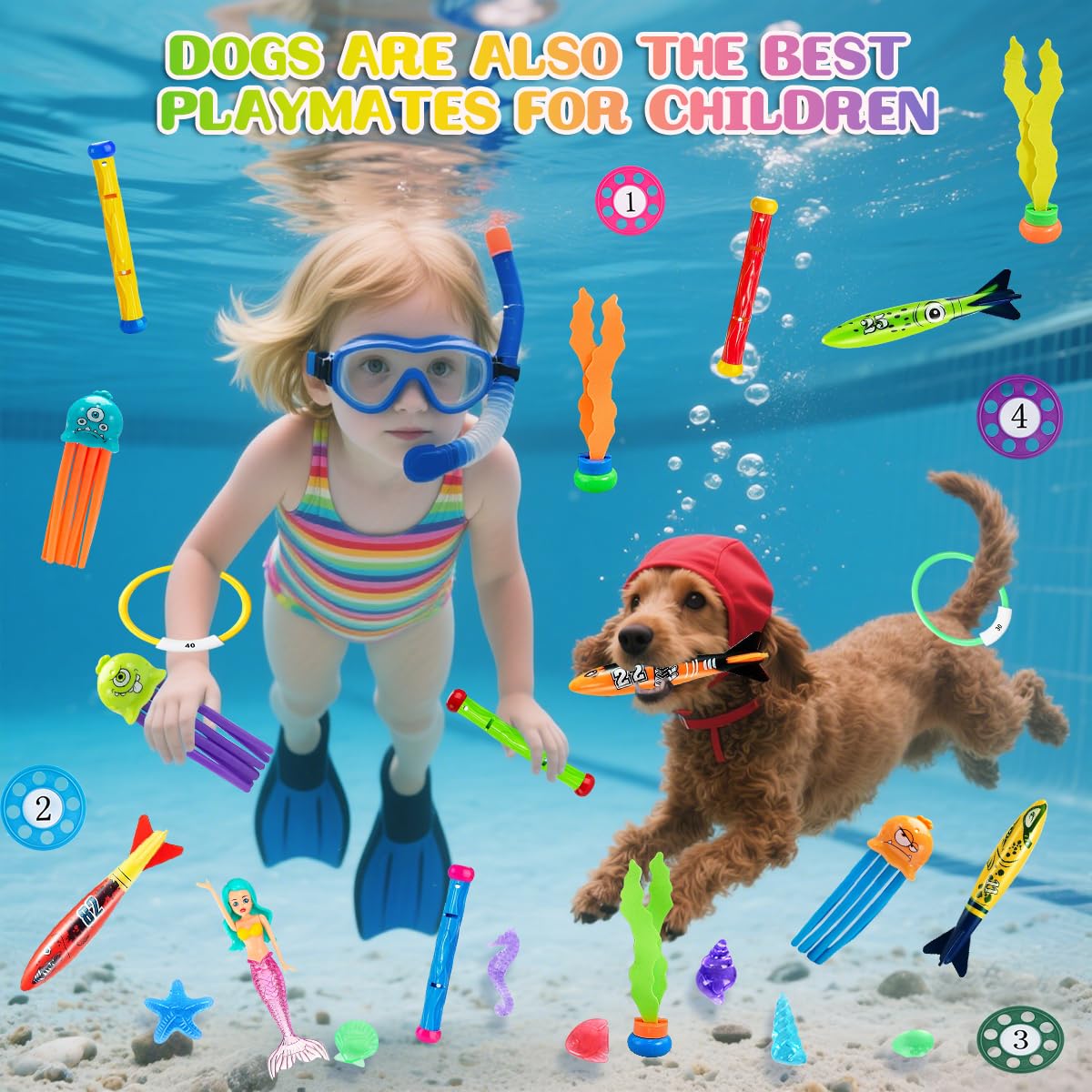 33 Pièces Jouets de Plongée, Jouet de Natation pour Piscine avec Coffret Cadeau, Jeux Piscine Enfant avec Sac de Rangement, Jouet sous Eau été avec Bâtons de Plongée