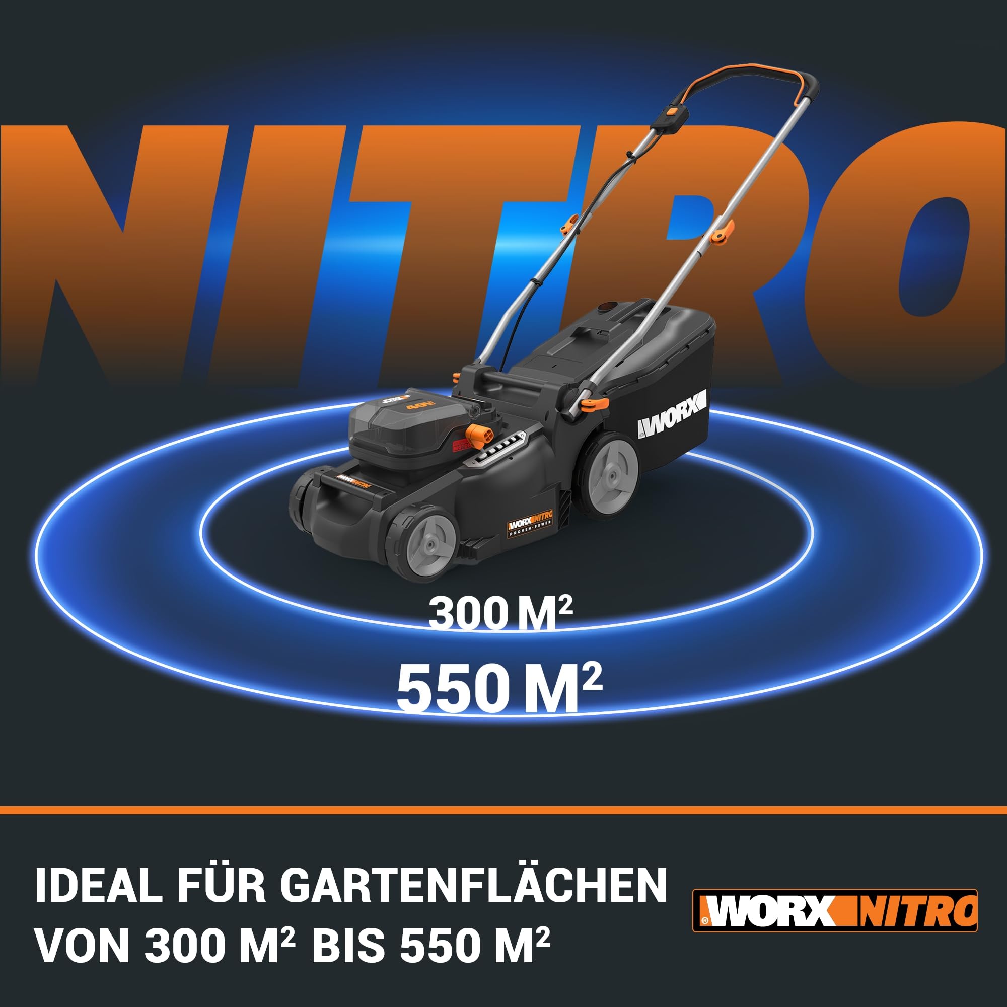 WORX WG737E Nitro Akku-Rasenmäher 40V(2x20V) - leistungsstarke bürstenloser Motor - 37cm Schnittbreite - 6 Schnitthöhenstufe (20-70mm) - 40L Grasfangsack - inkl. 2x4Ah Akkus & Dual-Ladengerät