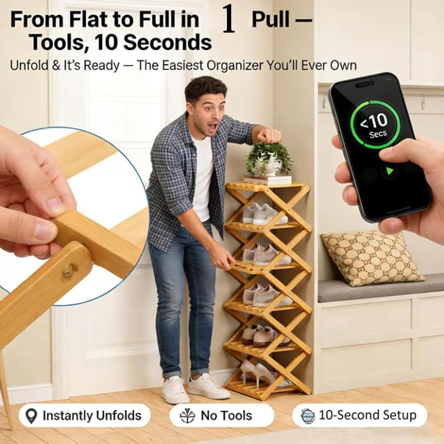 9 Tier Bamboo Shoe Rack, The 9-Tier No-Assembly Bamboo Rack, Foldable Accordion Corner Shoe Shelf, Narrow Standing Closet Shoe Organizer for Shoes, Books, Save Space, Easy to Use (Nature, 9 Tier)