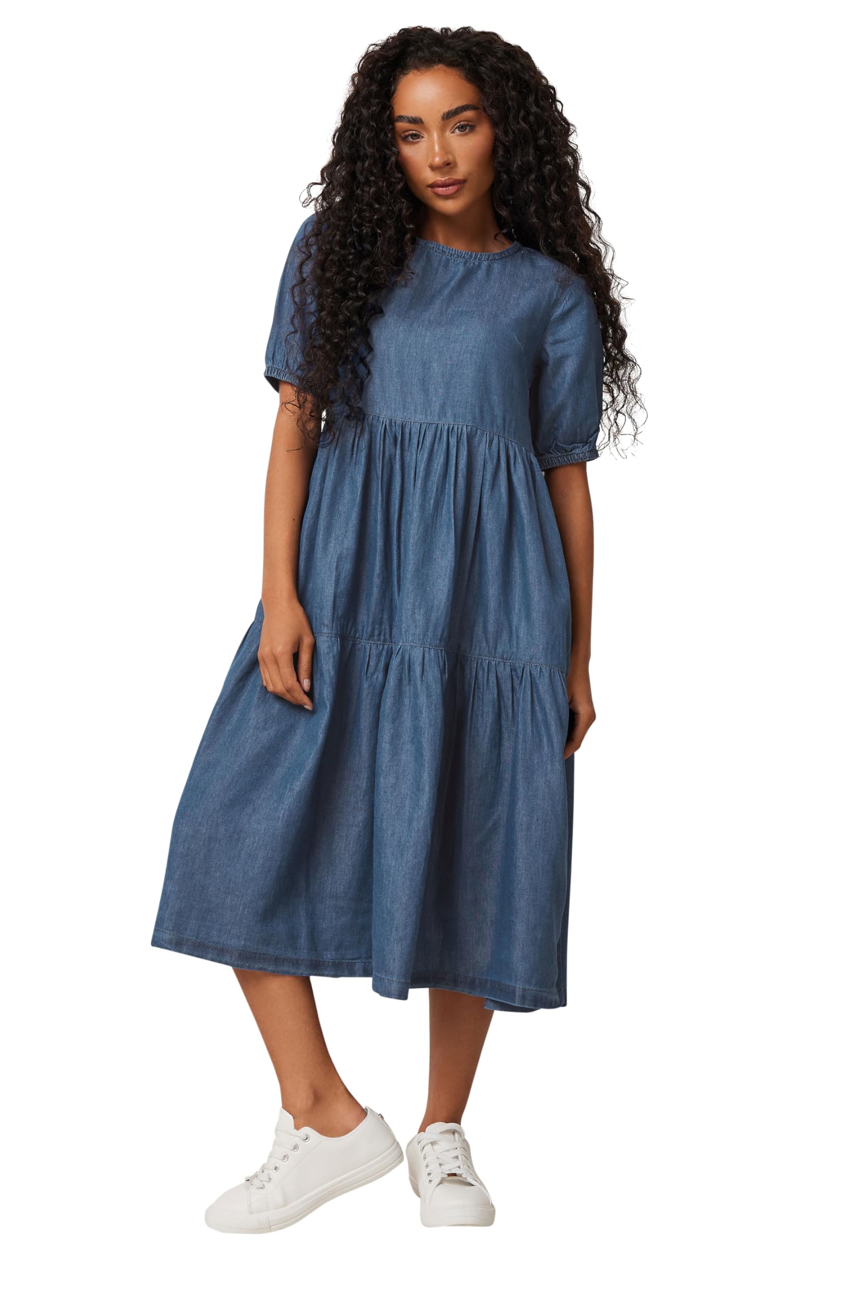 M&Co Women's Blue Petite Denim Tiered Dress In | : Size 10