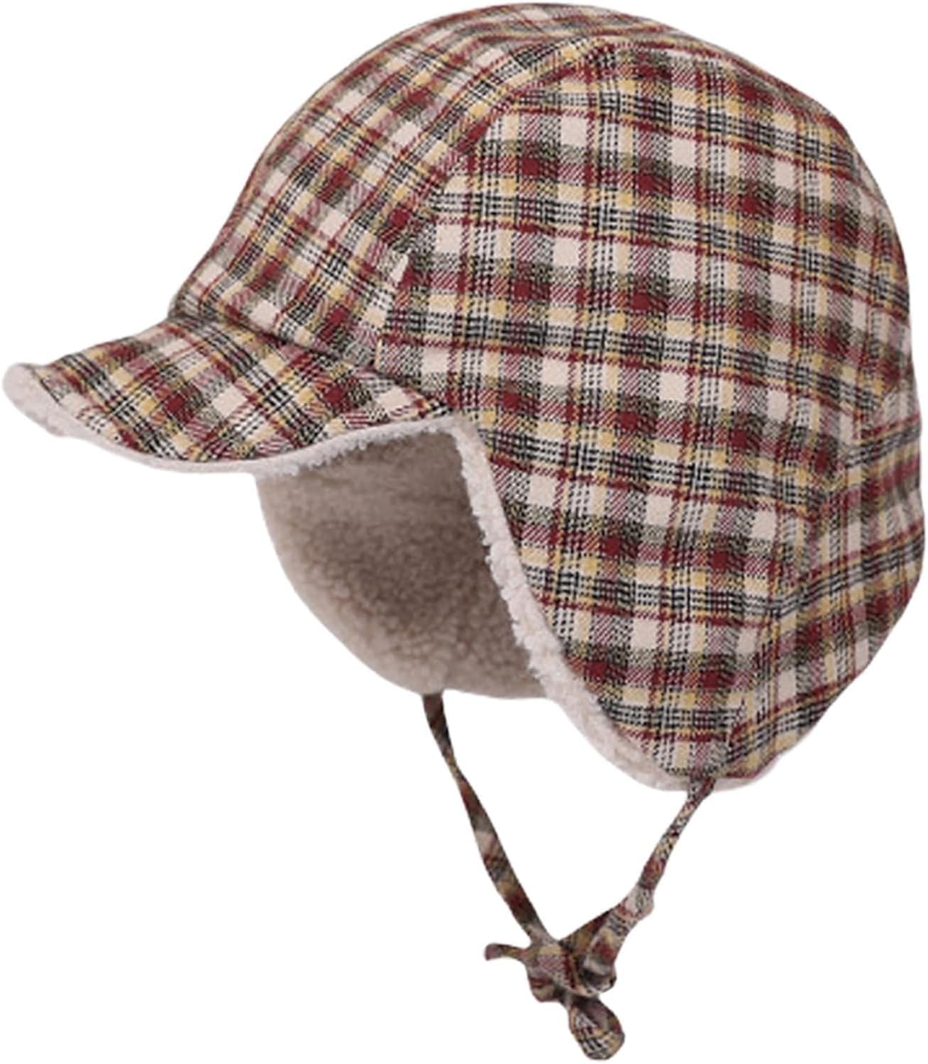 Winter Lamb Wool Lined Plaid Trapper Hat,Ear Flap Hat for Men & Women, Reversible Cold Weather Beanie
