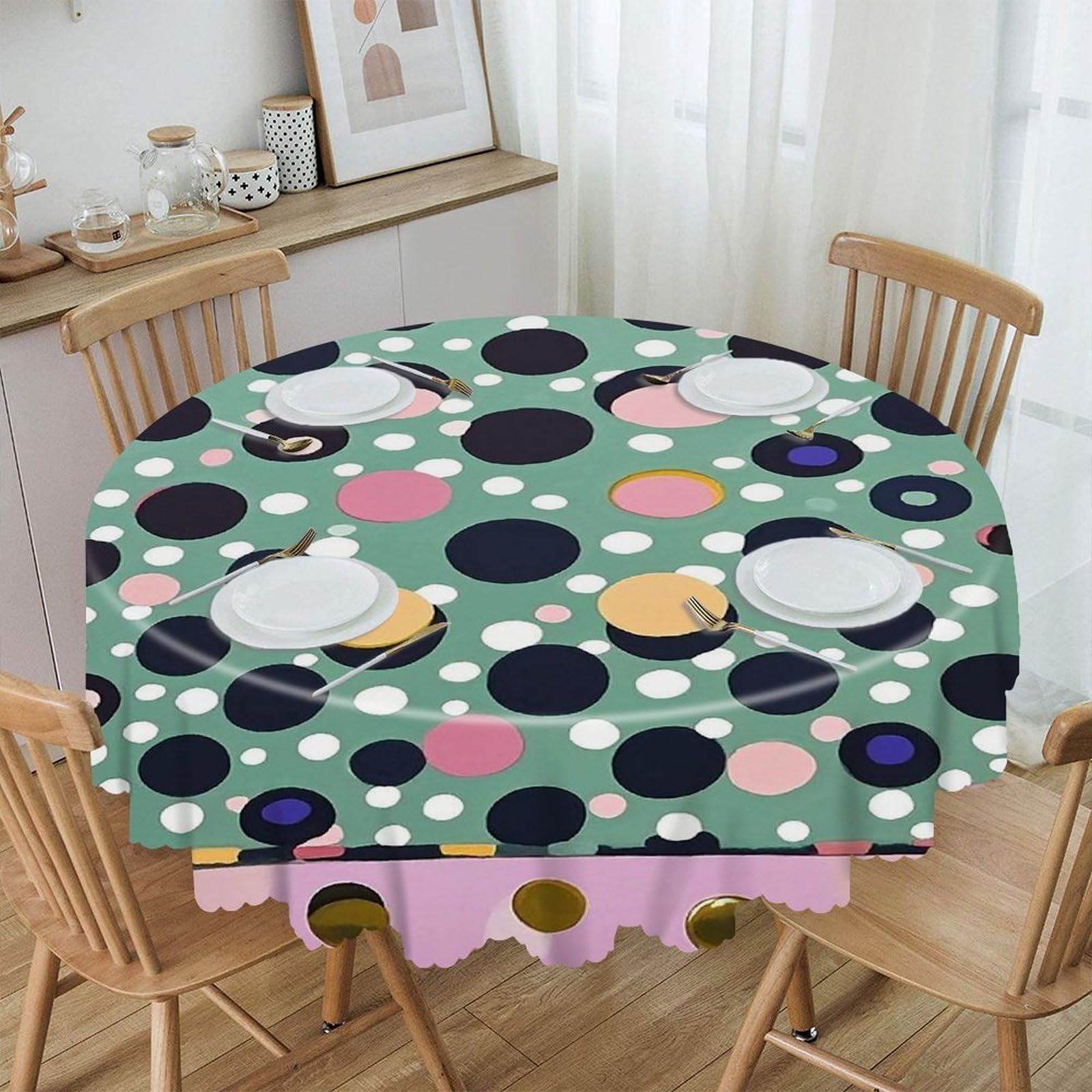FekiLoot Beautiful Polka Dot Round Tablecloths 60 Inch Resistant Washable Polyester Table Cloth Style Decorative Circle Fabric Table Cover for Dining Kitchen Party Farmhouse Outdoor