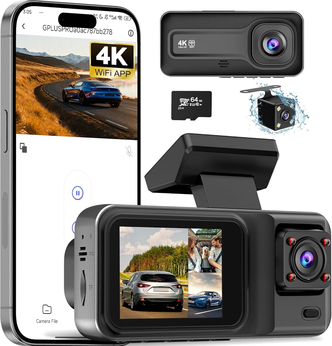 3 Channel 4K Dash Cam with 5GHz WiFi & APP Control, 4K+1080P+1440P Dash Cam Front and Rear Inside with 64GB Card, Dash Camera for Cars with Night Vision, Loop Recording, 24H Parking Mode, G-Sensor