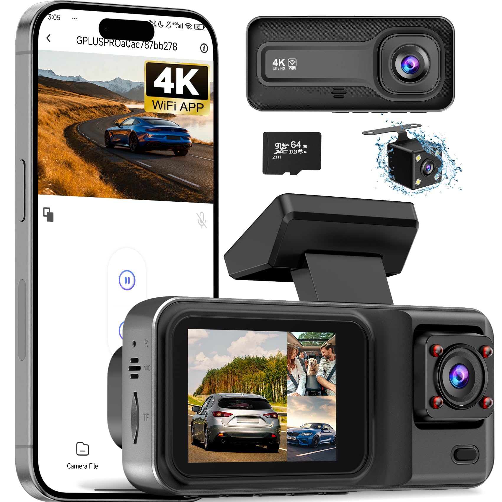 Photo 1 of 3 Channel 4K Dash Cam with 5GHz WiFi & APP Control, 4K+1080P+1440P Dash Cam Front and Rear Inside with 64GB Card, Dash Camera for Cars with Night Vision, Loop Recording, 24H Parking Mode, G-Sensor