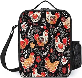 Insulated Lunch Bag with Shoulder Strap, Portable Cute Rooster Chickens Printed Lunch Box for Office Picnic Travel Work