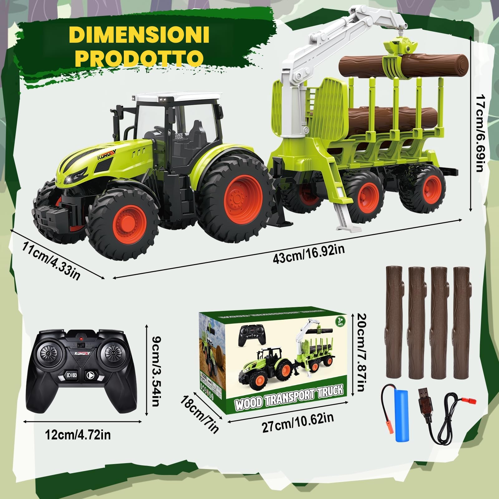 Aragallant RC Trattore Telecomandato per Bambini, Set di Trattore Radiocomandato - con Rimorchio Giocattolo, 2.4Ghz Telecomandato, Pinza e 3 Legname, Giocattoli per Bambini di 3, 4, 5, 6, 7 Anni