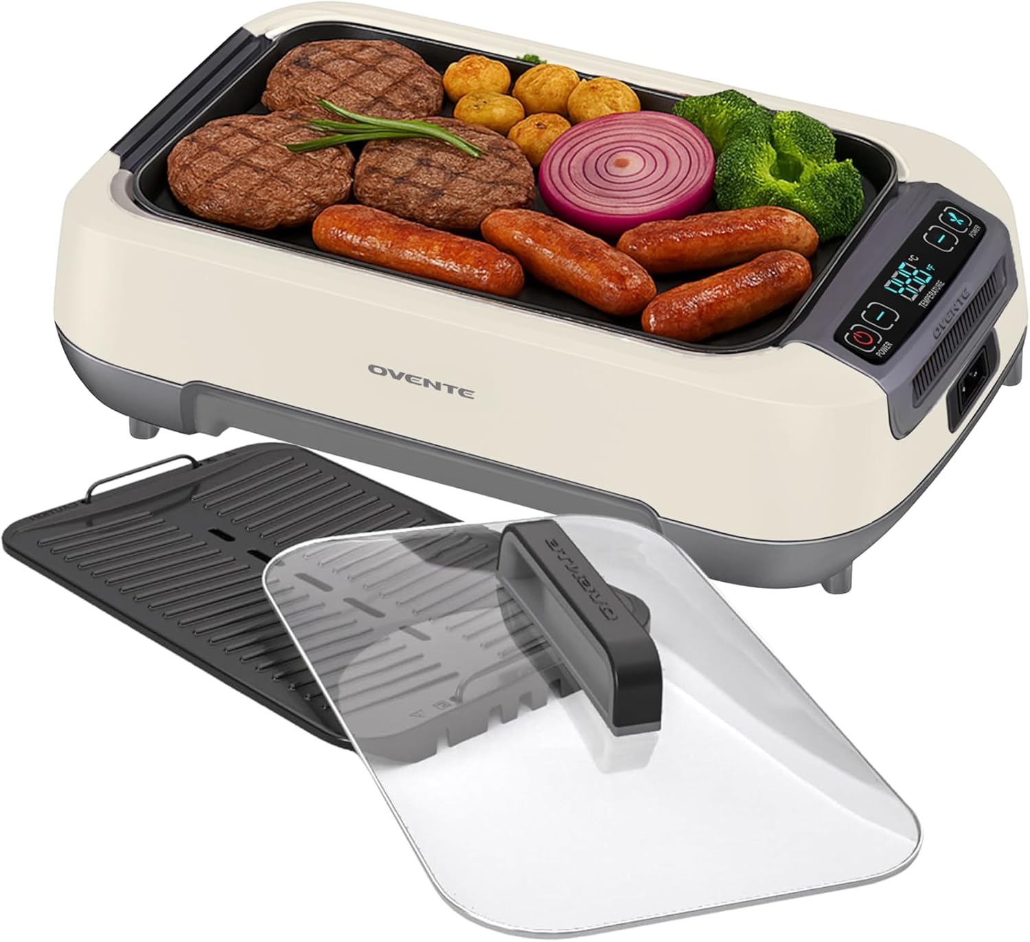 OVENTE SGR85W Smokeless Indoor Electric Grill with grill plate and lid