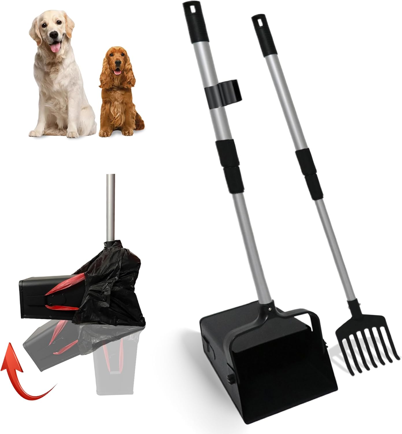 Pooper Scooper Metallic 38″ Lengthy Adjustable Deal with Swivel Bin & Rake for Giant & Small Canine Non-Breakable Canine Poop Scooper Straightforward to Clear Pet Waste Use on Grass, with 20 Waste Baggage