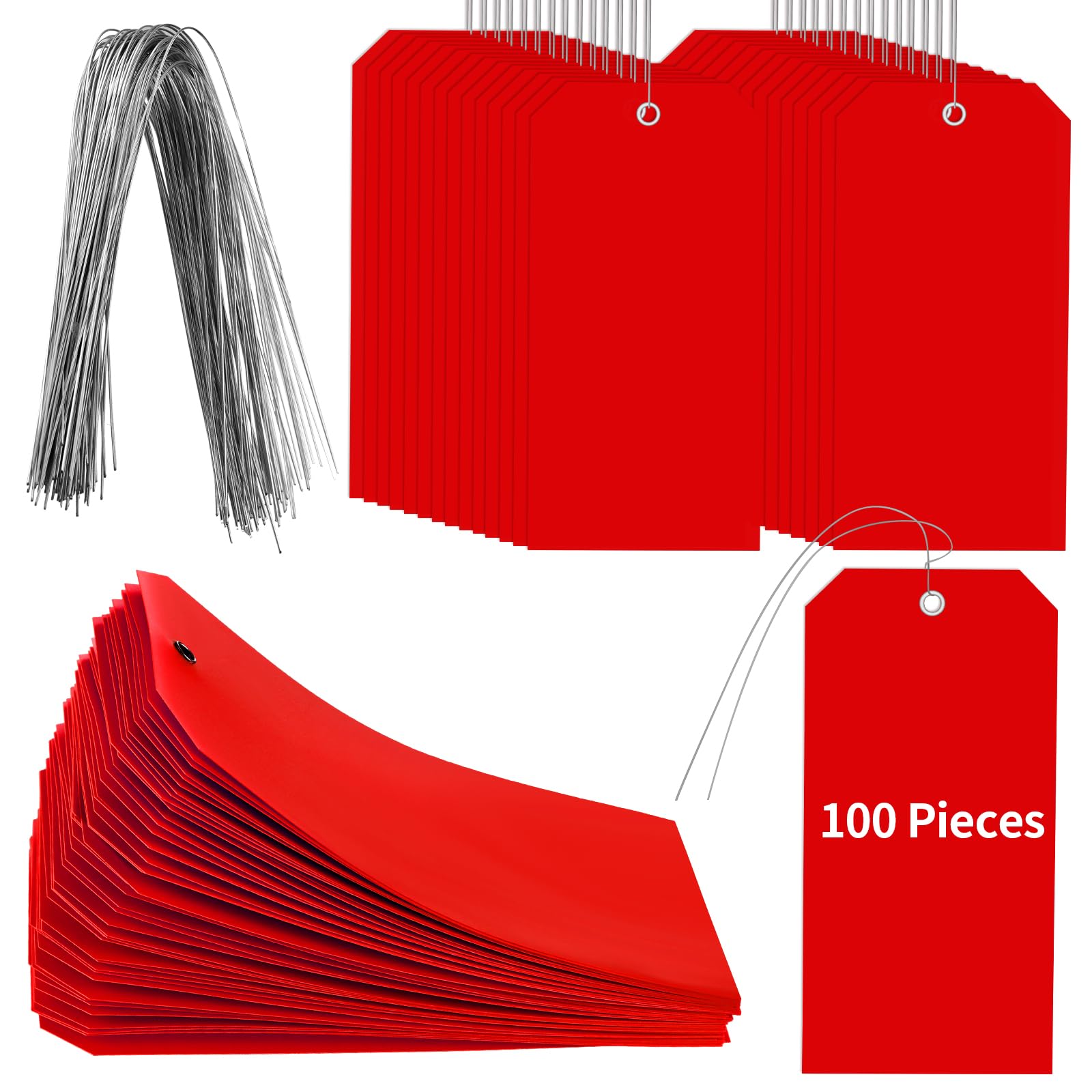 100 Pieces 6 1/4" x 3 1/8" Red Plastic Tags with Wires Waterproof Shipping Tags with Wire Shop Cardstock Blank Hang Tags Colored with Wire for Gift Equipment Identification Inventory Control (100)