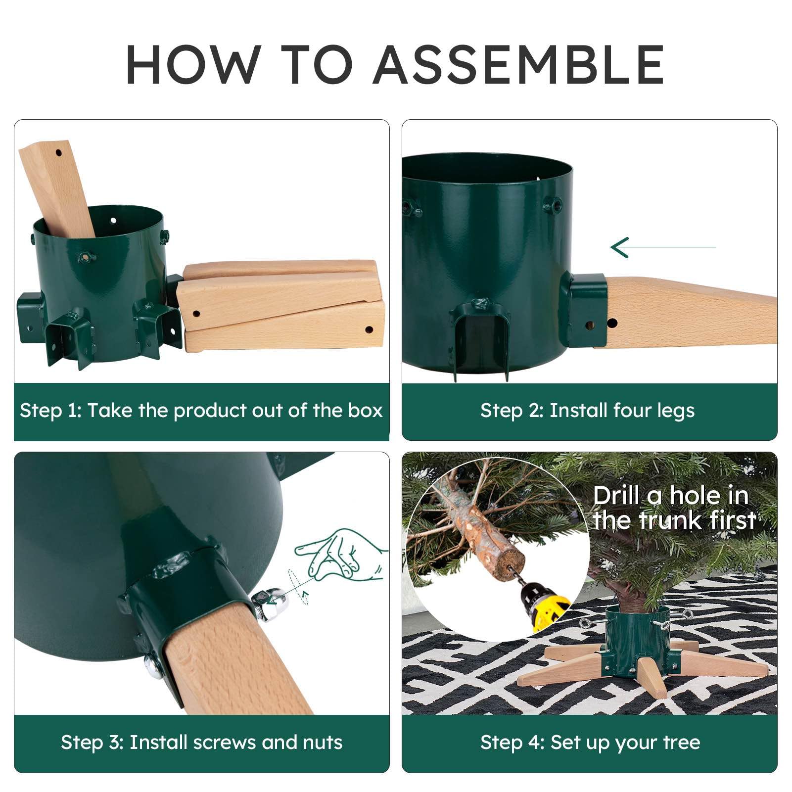 HarcoHome Soporte para árbol de Navidad de 5 patas de metal y madera de haya para árbol vivo, soporte de estrella para árbol de Navidad con pincho para árbol fresco de 8.5 pies, base de árbol para