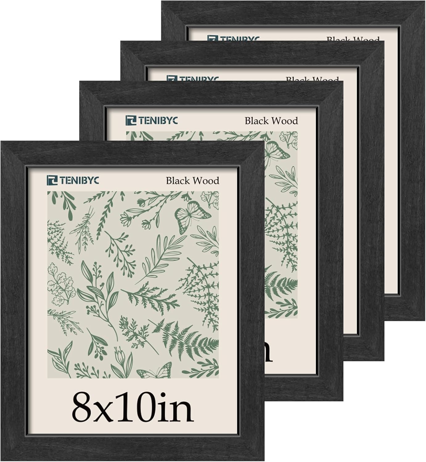 8x10 Picture Frame 4 Pack, Black Wooden Textured, HD Tempered Glass, Gallery Photo Frame, Table or Wall Display Black 8x10